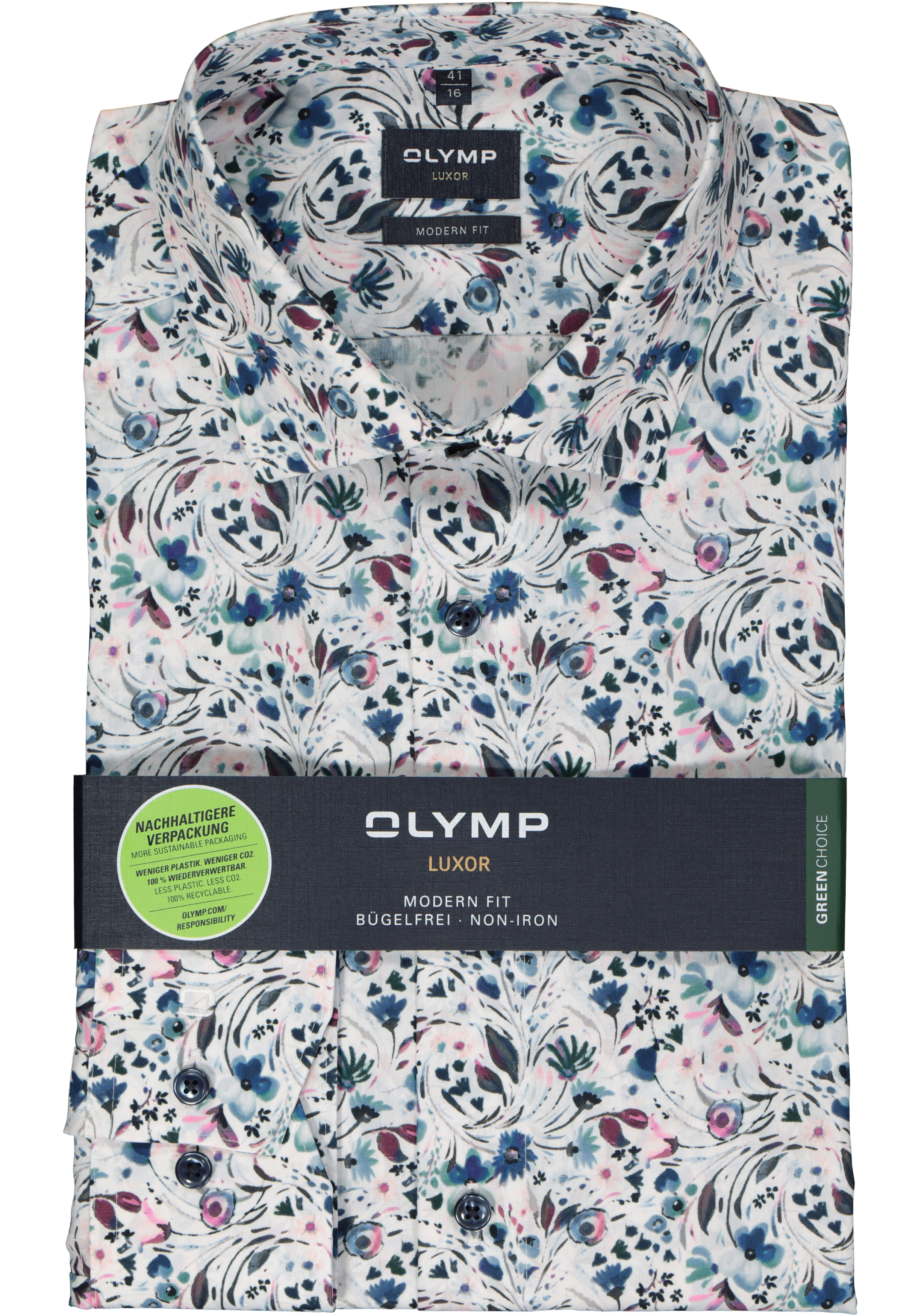 OLYMP modern fit overhemd, popeline, wit met blauw en roze bloemen dessin