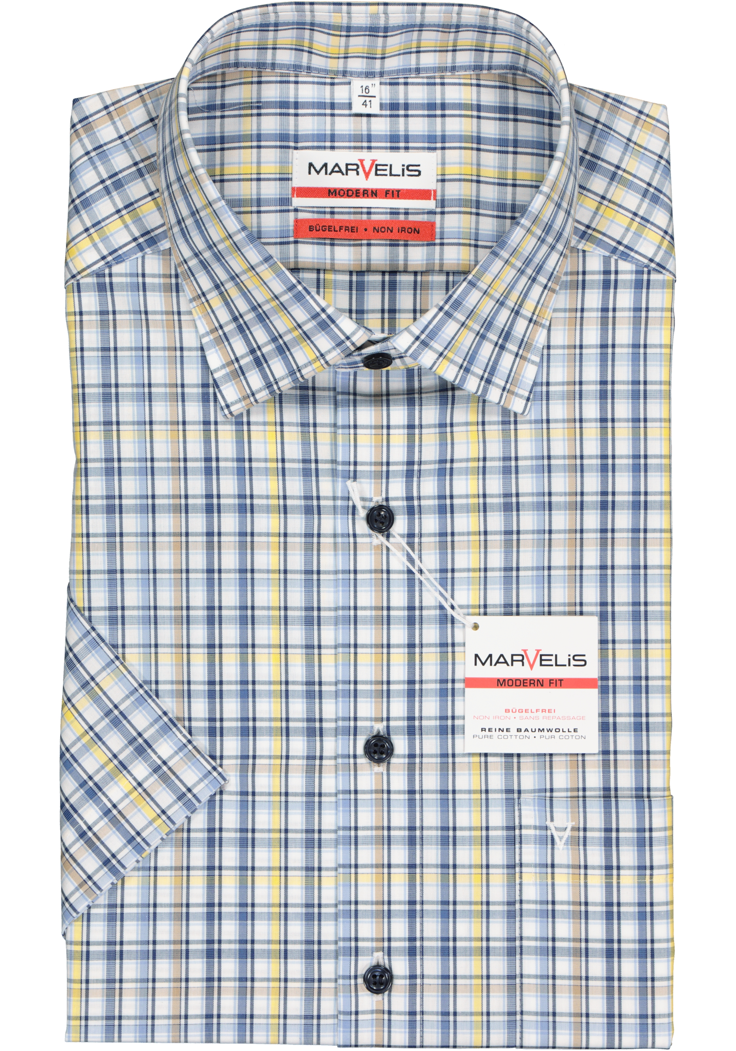 MARVELIS modern fit overhemd, korte mouw, popeline, wit met blauw en geel geruit