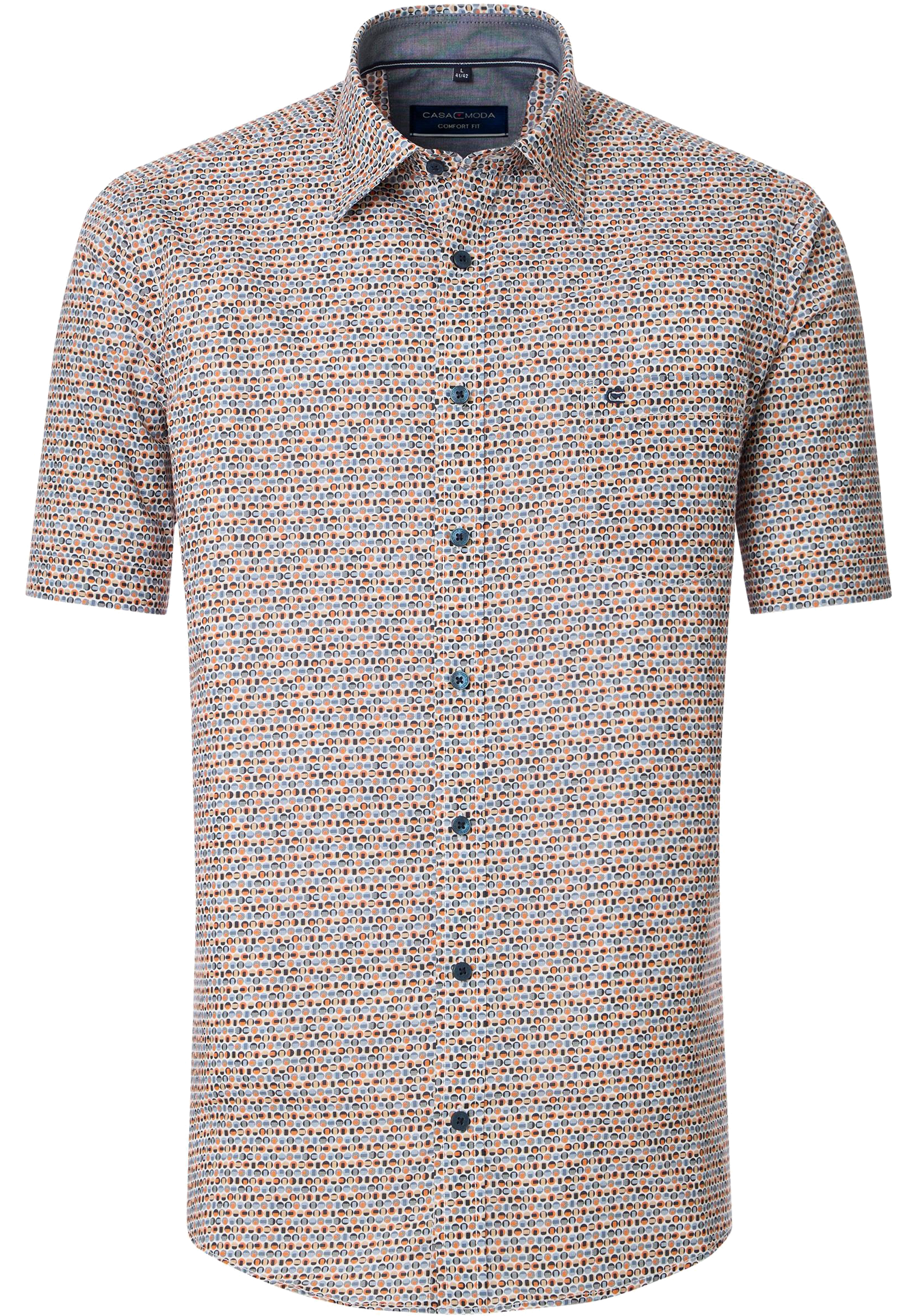 CASA MODA Sport comfort fit overhemd, korte mouw, popeline, blauw, wit, beige en oranje dessin