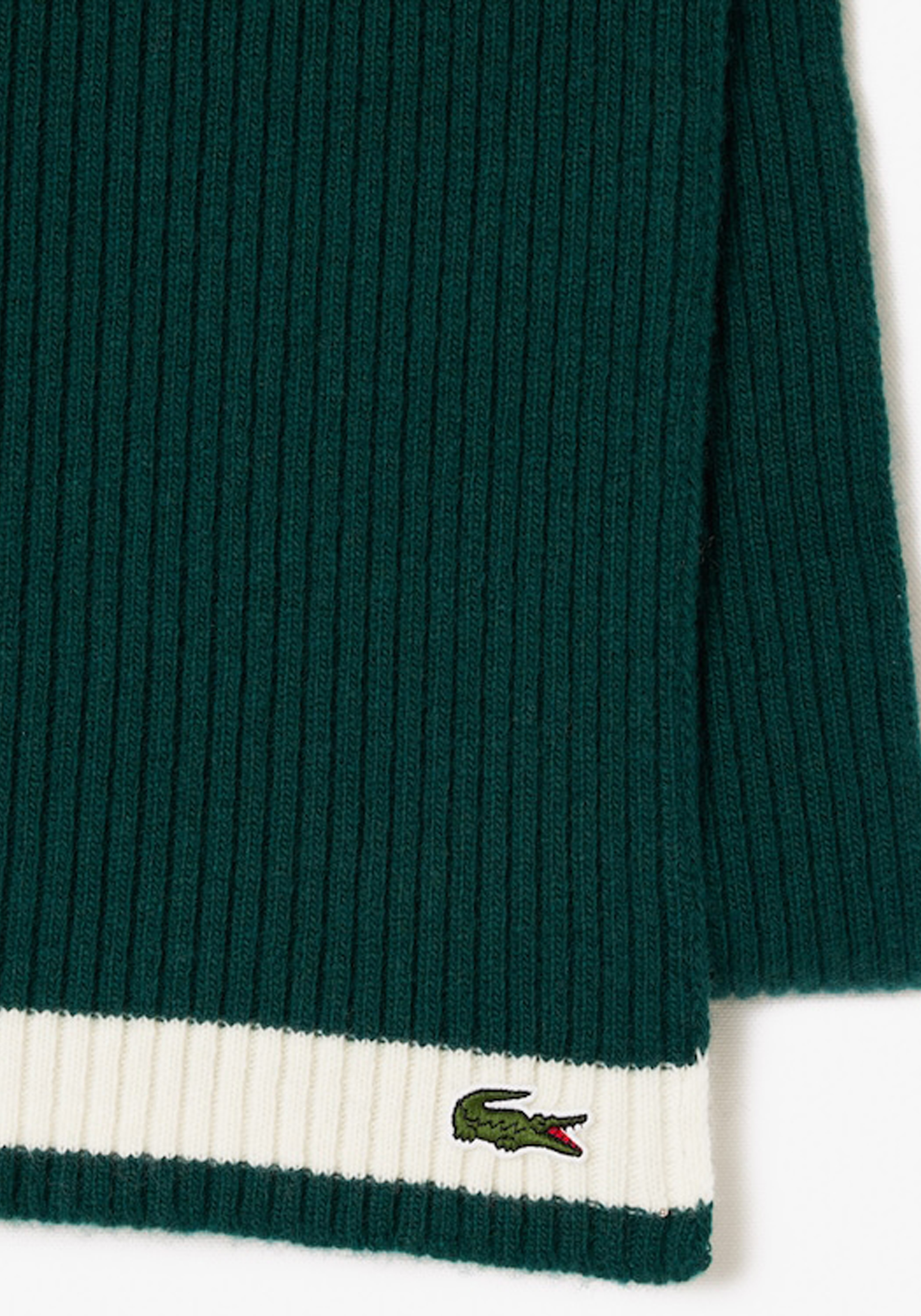 Lacoste sjaal wol, unisex gebreide sjaal, groen met ecru streep