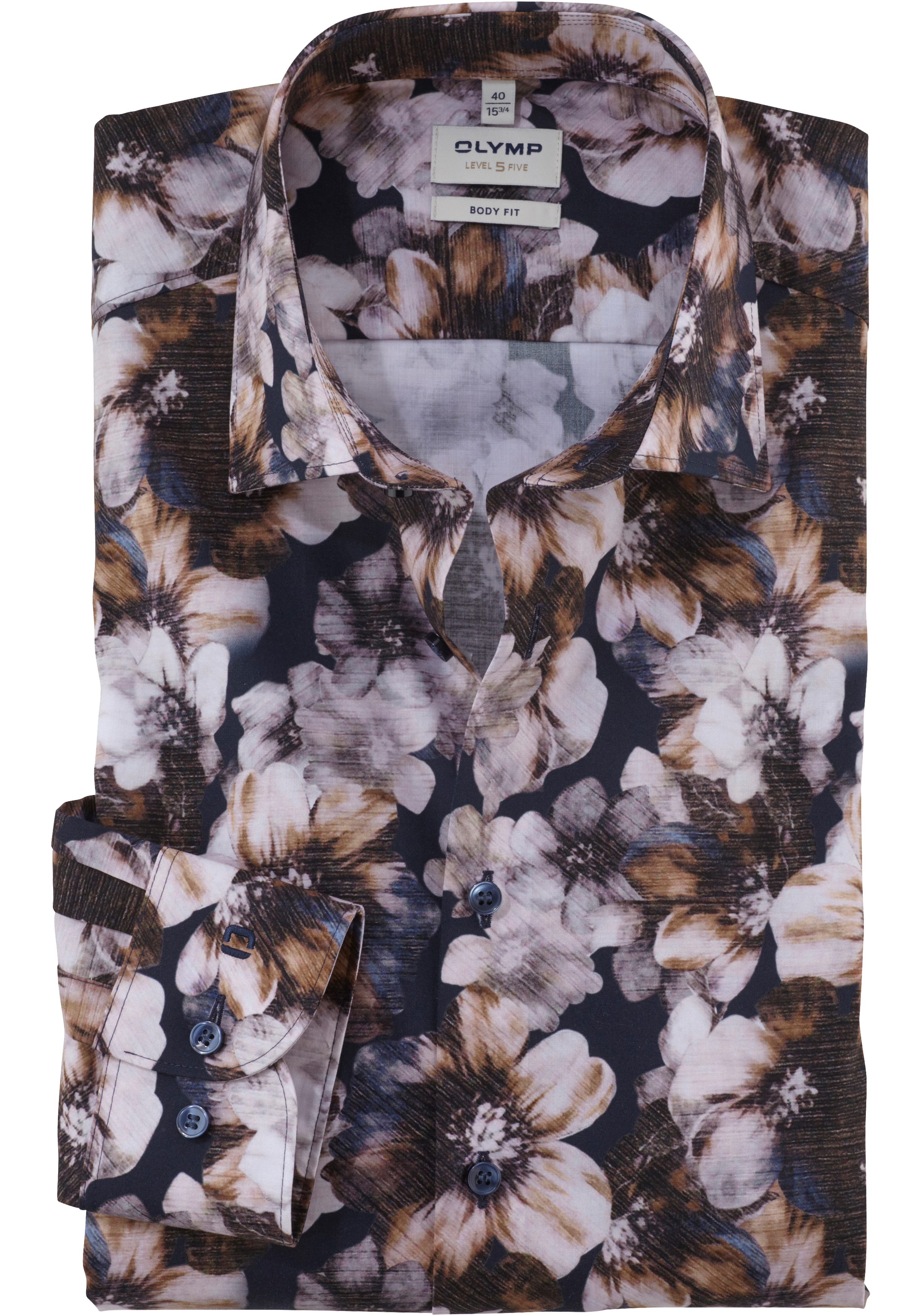 OLYMP Level 5 body fit overhemd, popeline, blauw met beige bloemen dessin