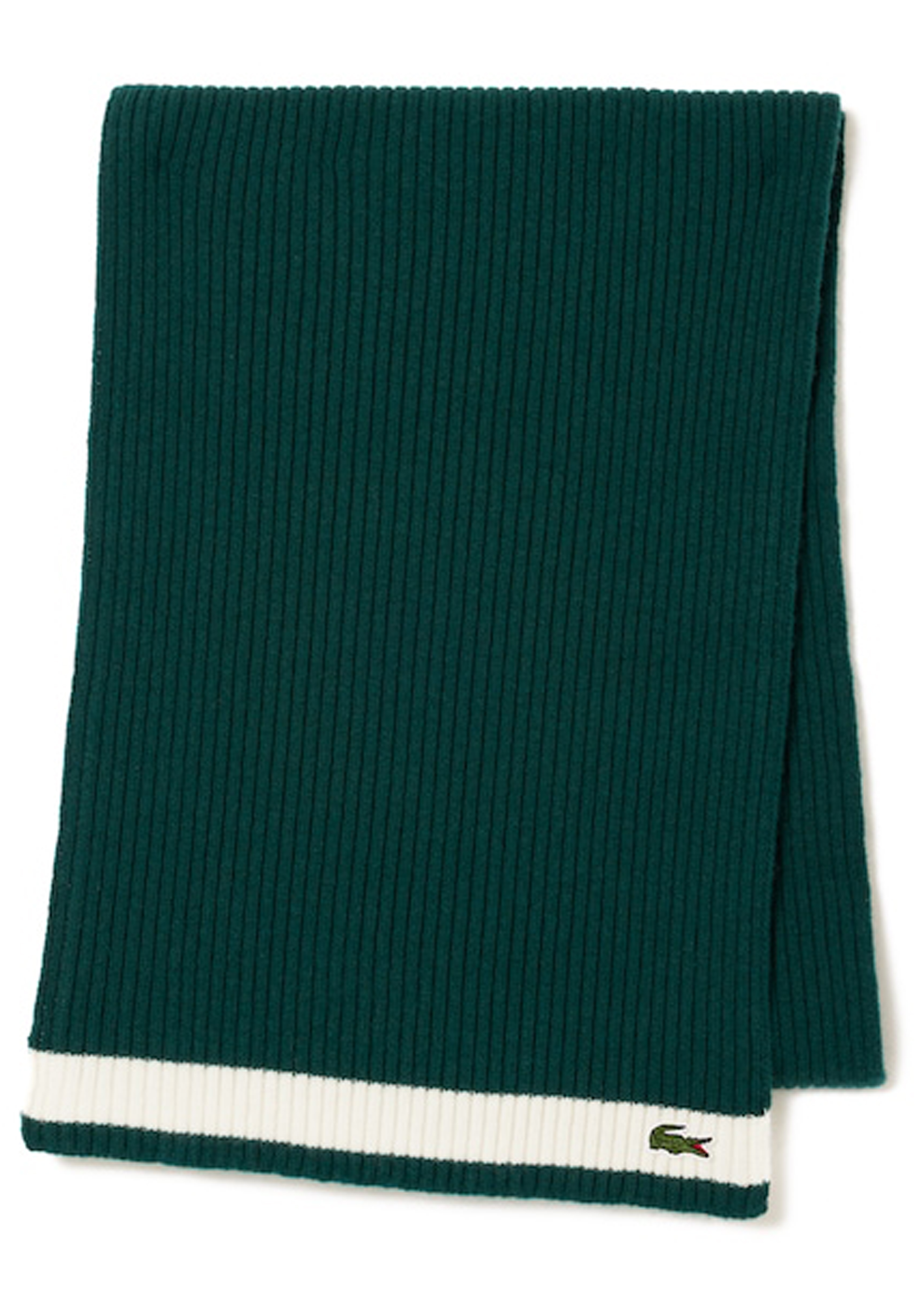 Lacoste sjaal wol, unisex gebreide sjaal, groen met ecru streep