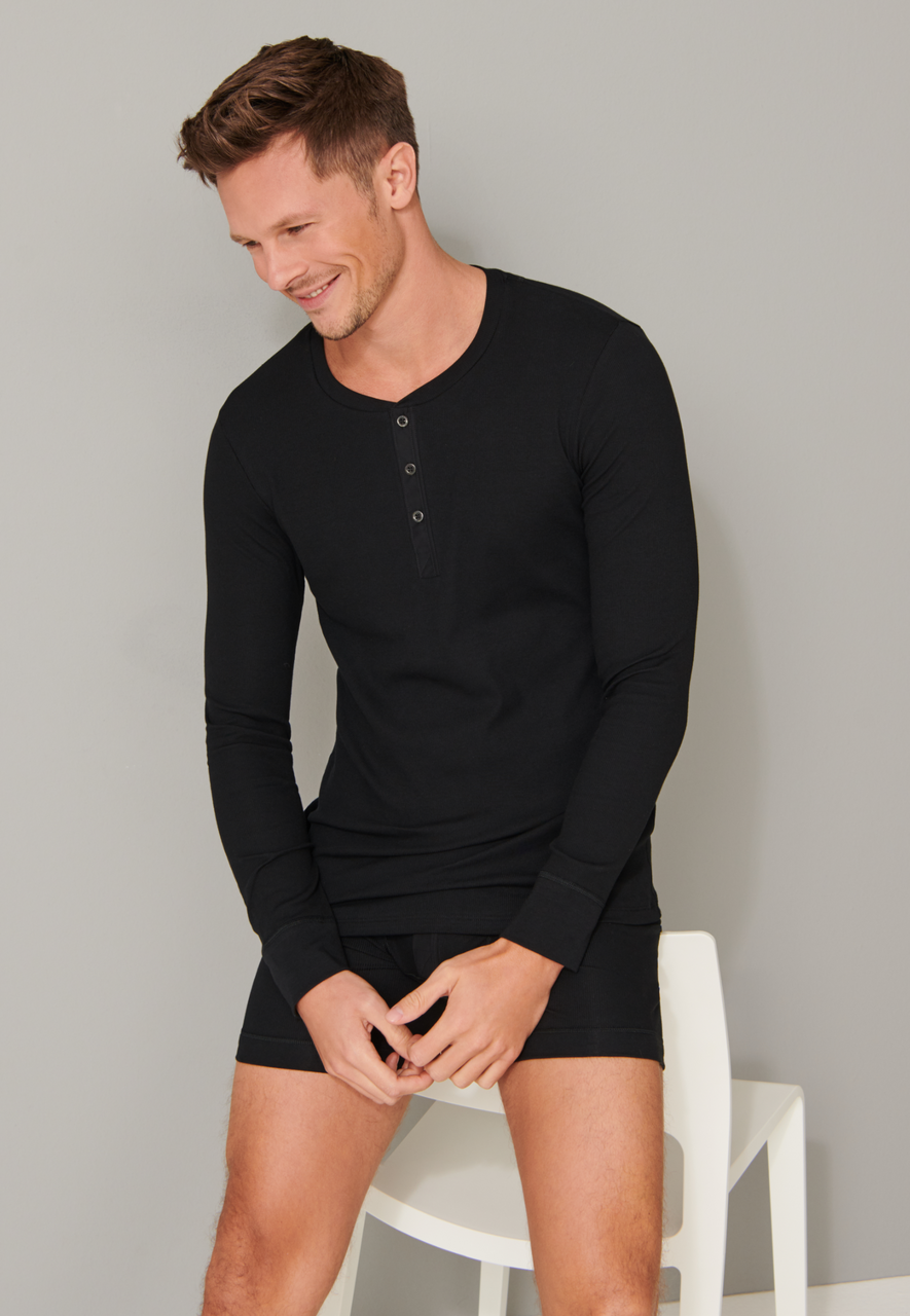 SCHIESSER Retro Rib T-shirt (1-pack), heren shirt lange mouwen dubbelrib biologisch katoen knoopsluiting zwart