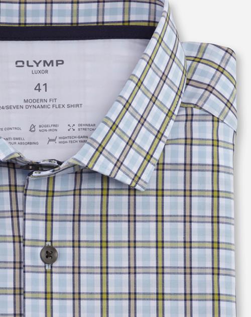 OLYMP Luxor 24/7 modern fit overhemd, korte mouw, popeline, limoen geruit