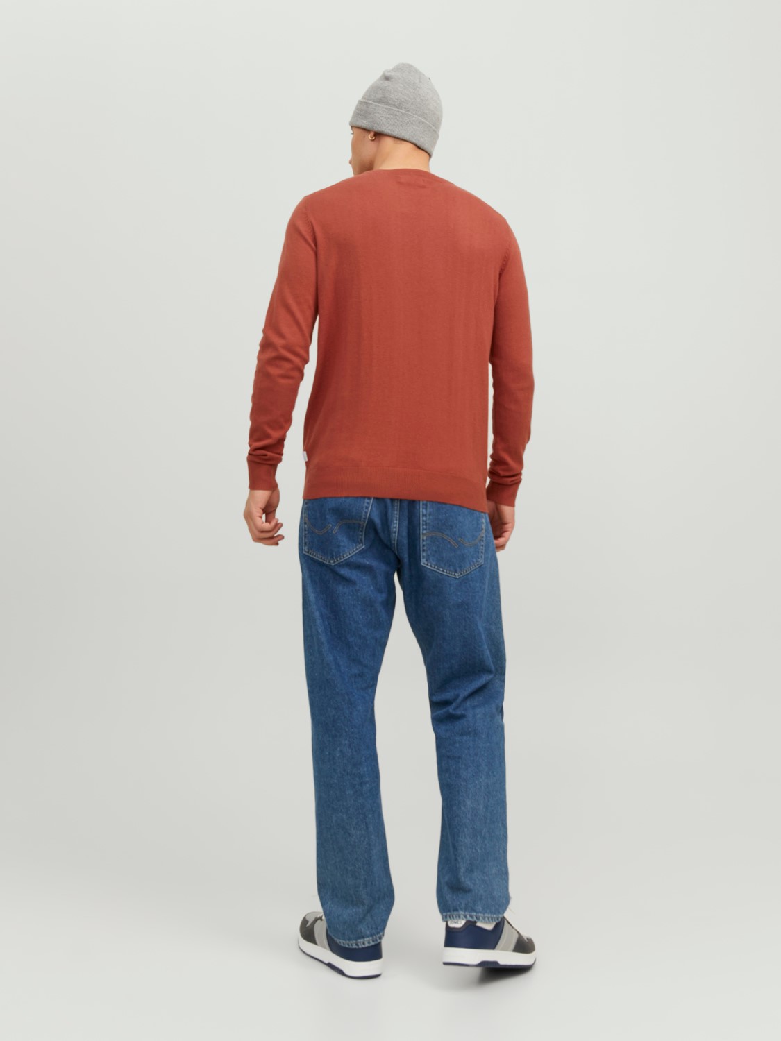 JACK & JONES Emil knit crew neck slim fit, heren pullover viscosemengsel met O-hals, warm oranje