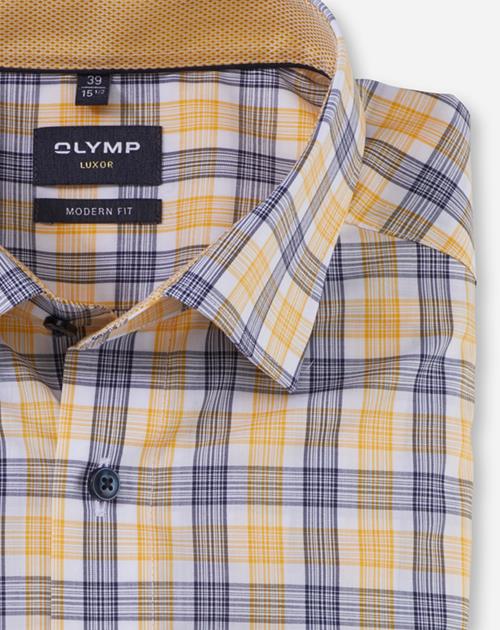 OLYMP Luxor modern fit overhemd, korte mouw, popeline, geel geruit
