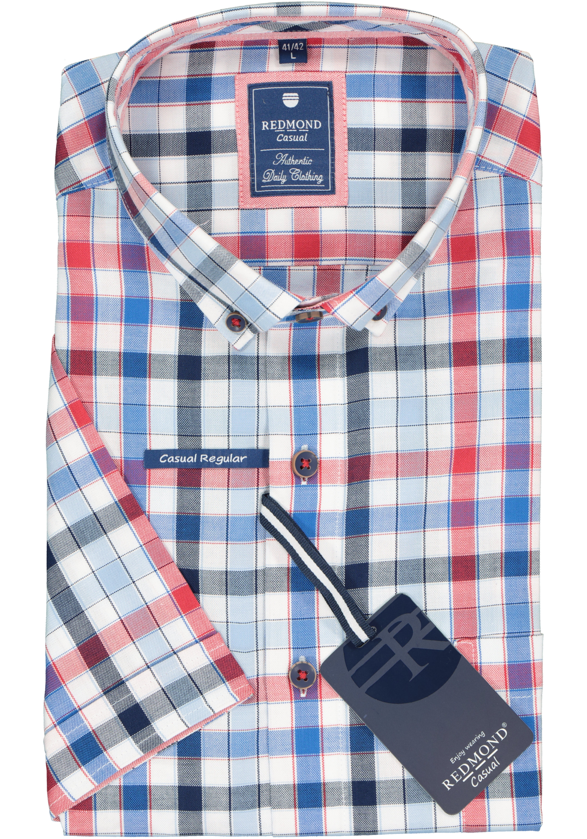 Redmond regular fit overhemd, korte mouw, Oxford, blauw, wit en rood geruit