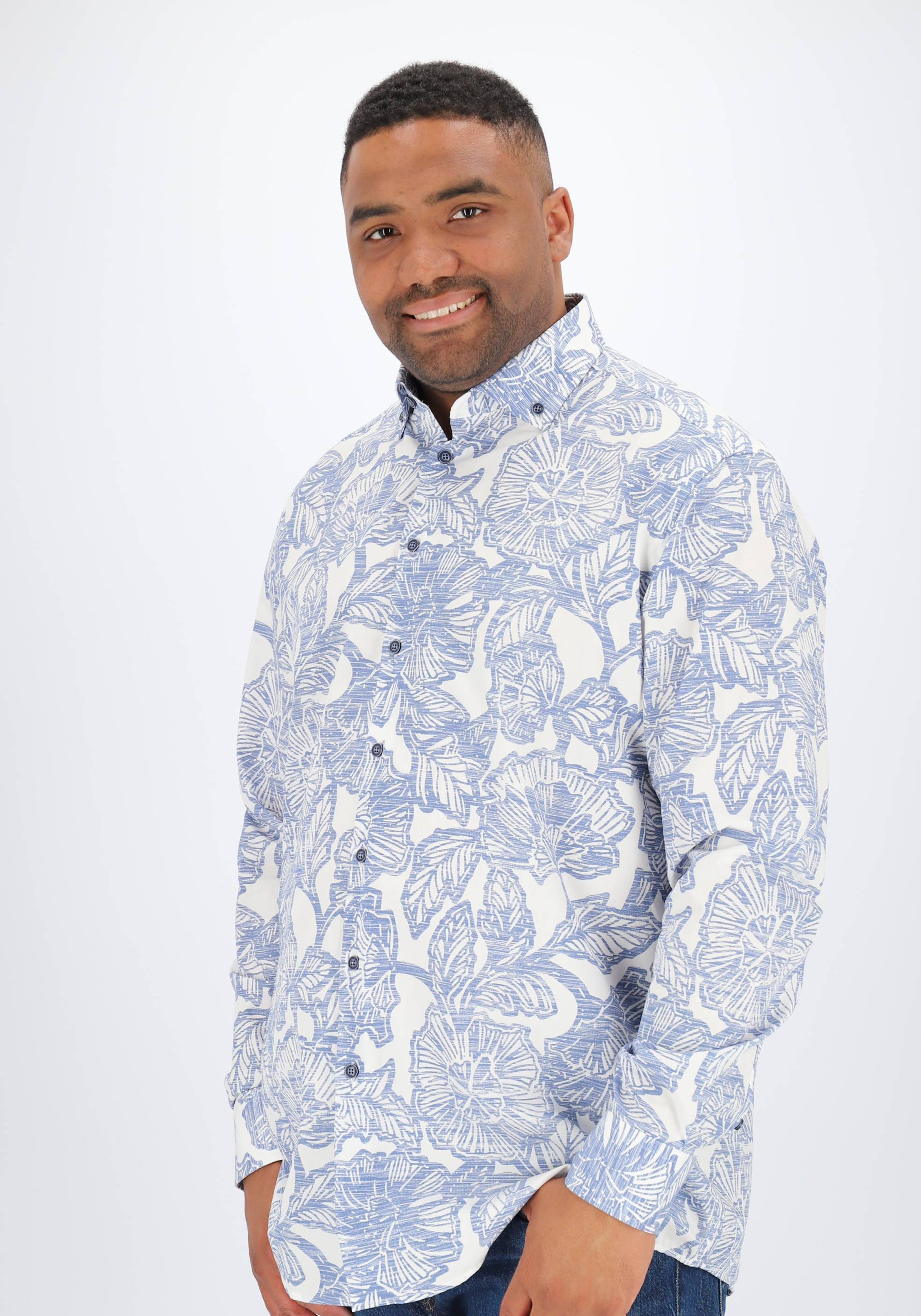 Ledub modern fit overhemd, popeline, middenblauw met wit dessin