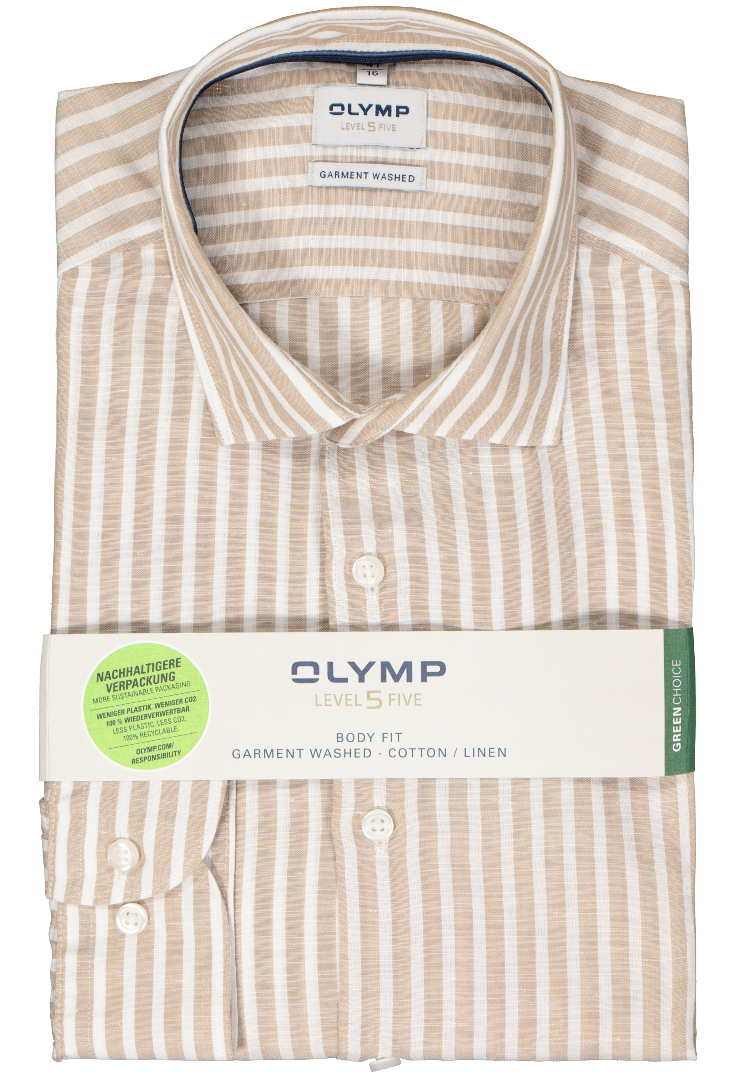 OLYMP Level 5 body fit overhemd, structuur, beige met wit gestreept
