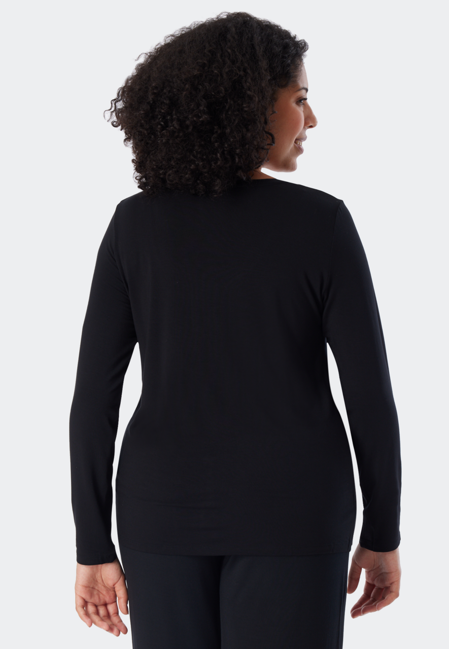 SCHIESSER Mix+Relax T-shirt, dames shirt lange mouwen modal v-hals zwart