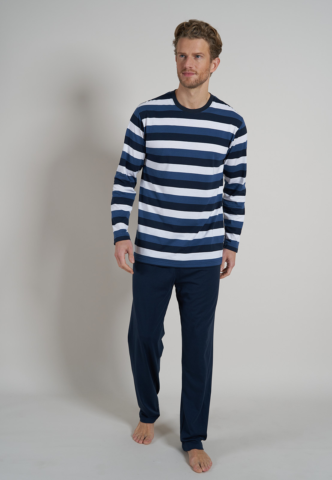 Ceceba heren pyjama O-hals, middenblauw gestreept