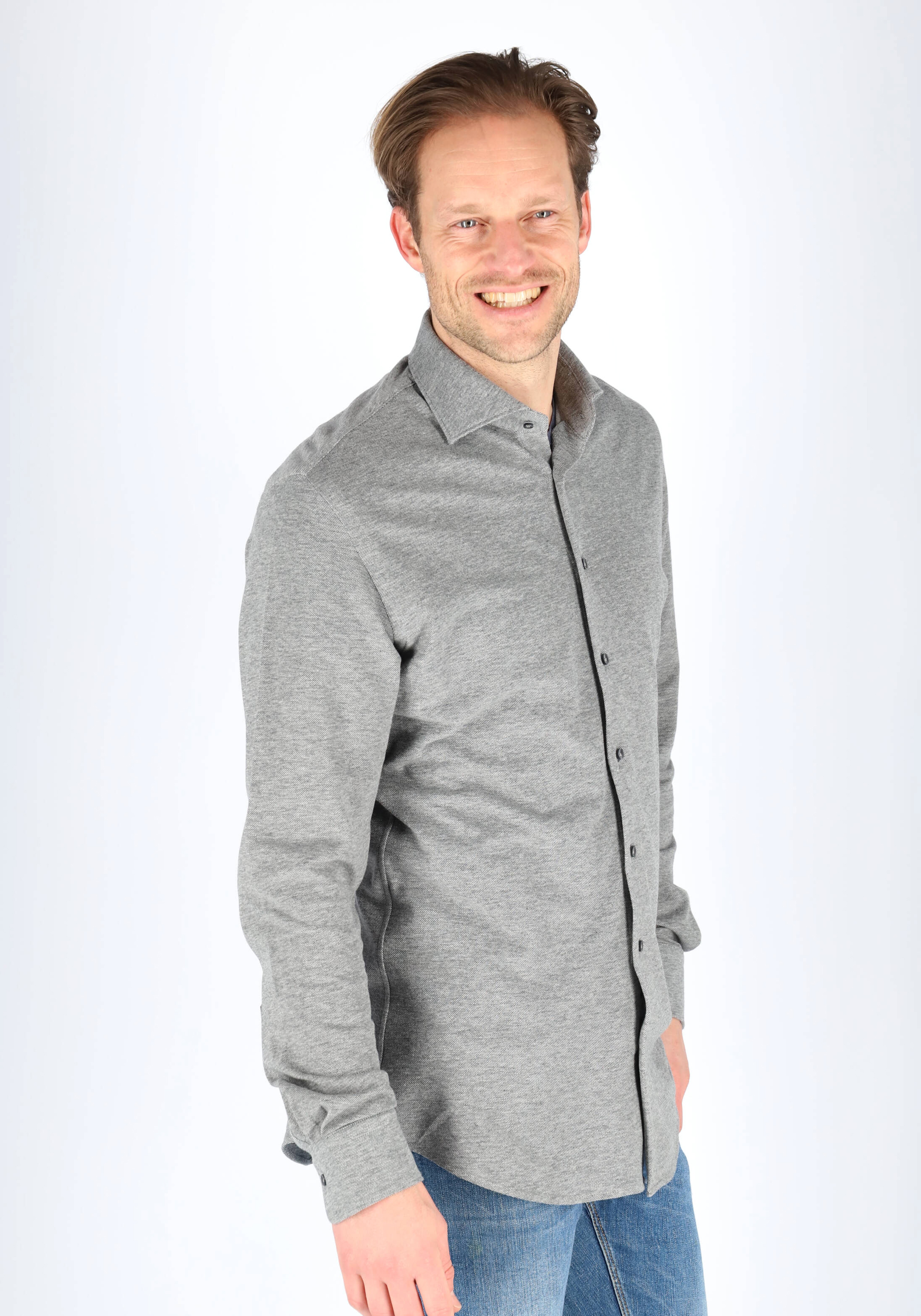 Profuomo slim fit jersey overhemd, knitted shirt pique, antraciet grijs melange
