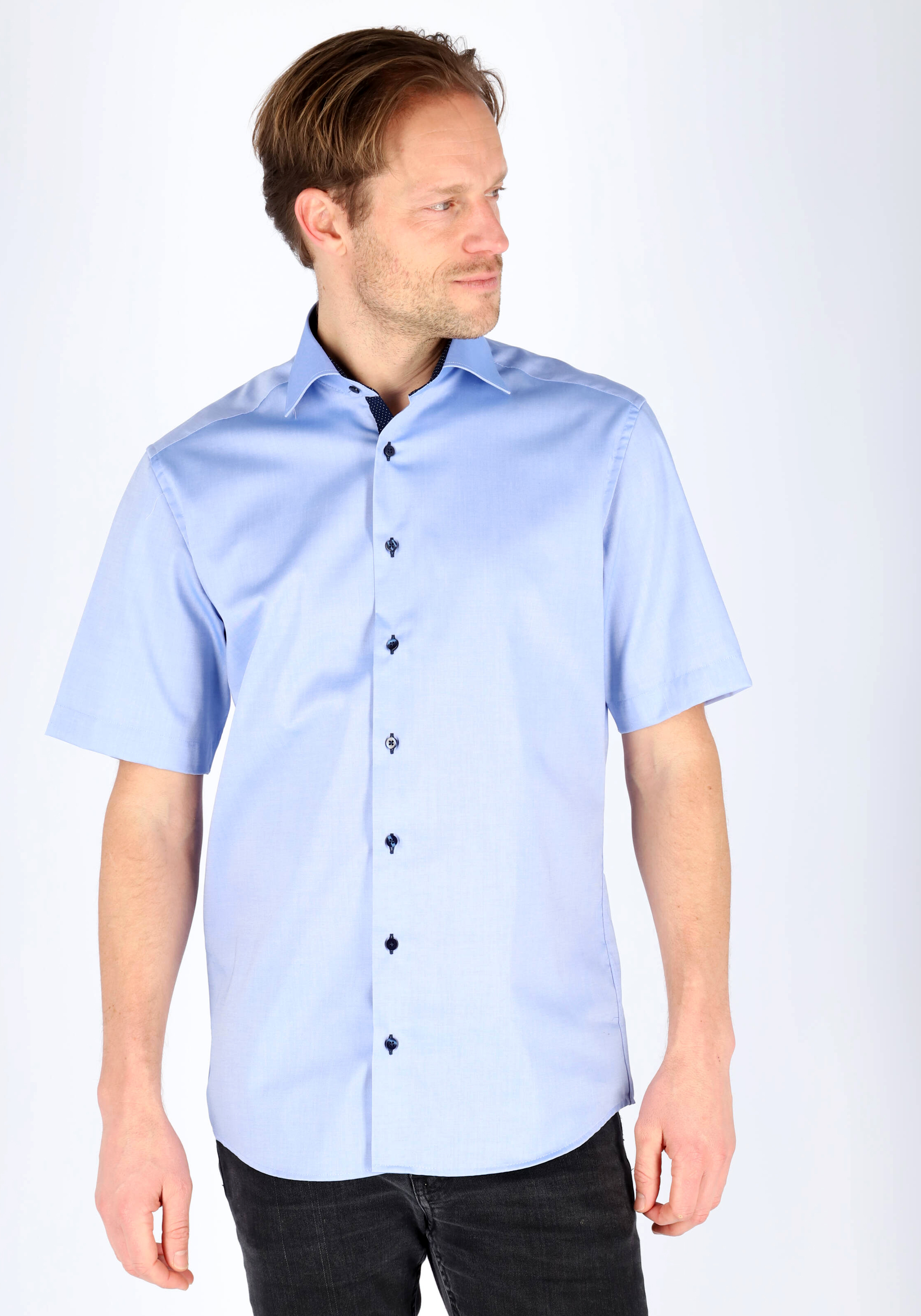 ETERNA modern fit overhemd, korte mouw, heren overhemd fijn Oxford, blauw (gestipt contrast)