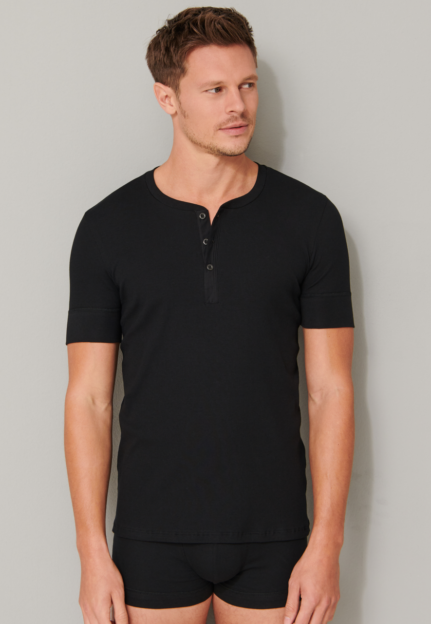 SCHIESSER Retro Rib T-shirt (1-pack), heren shirt korte mouwen dubbelrib biologisch katoen knoopsluiting zwart