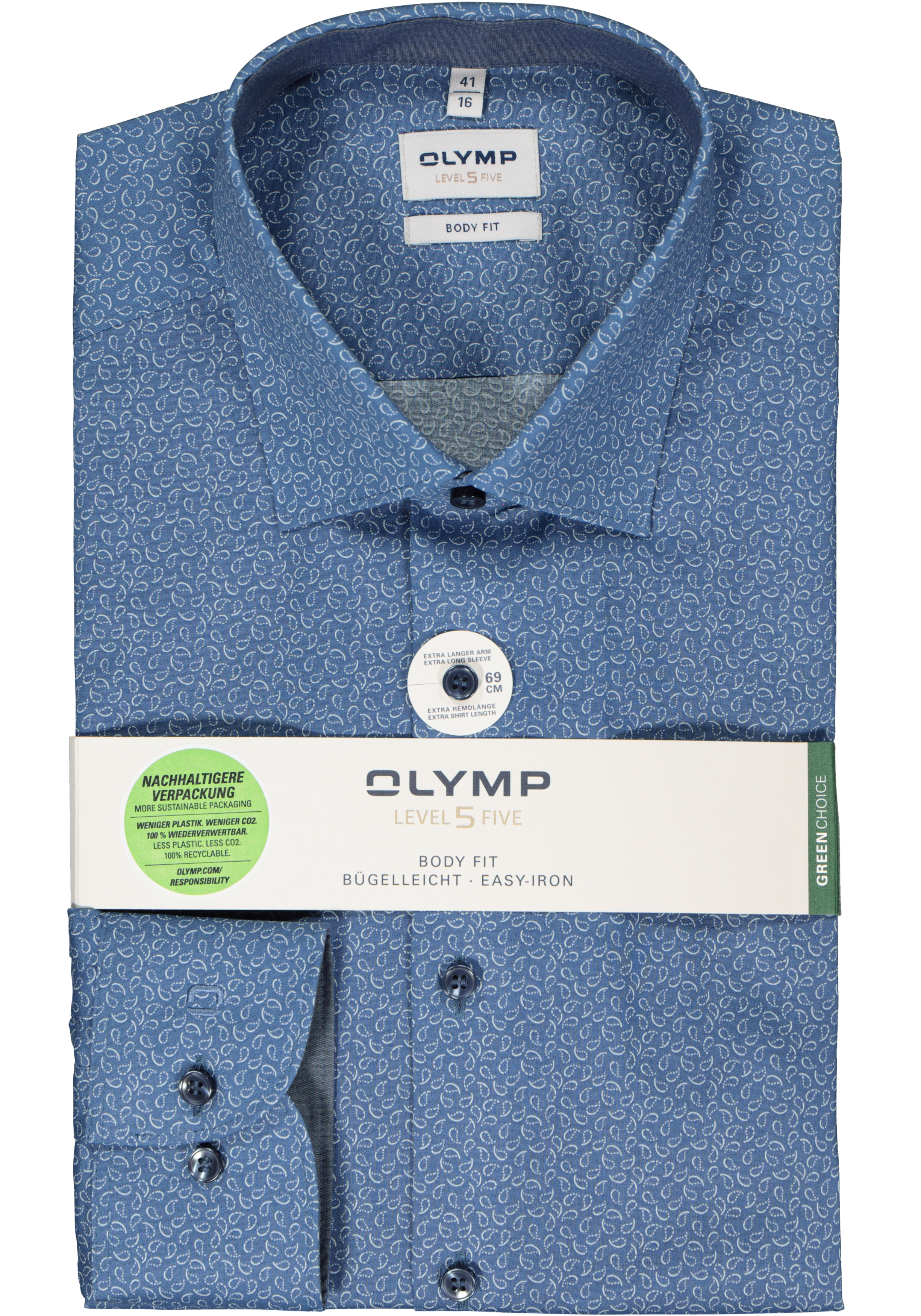 OLYMP Level 5 body fit overhemd, mouwlengte 7, popeline, blauw met wit paisley dessin