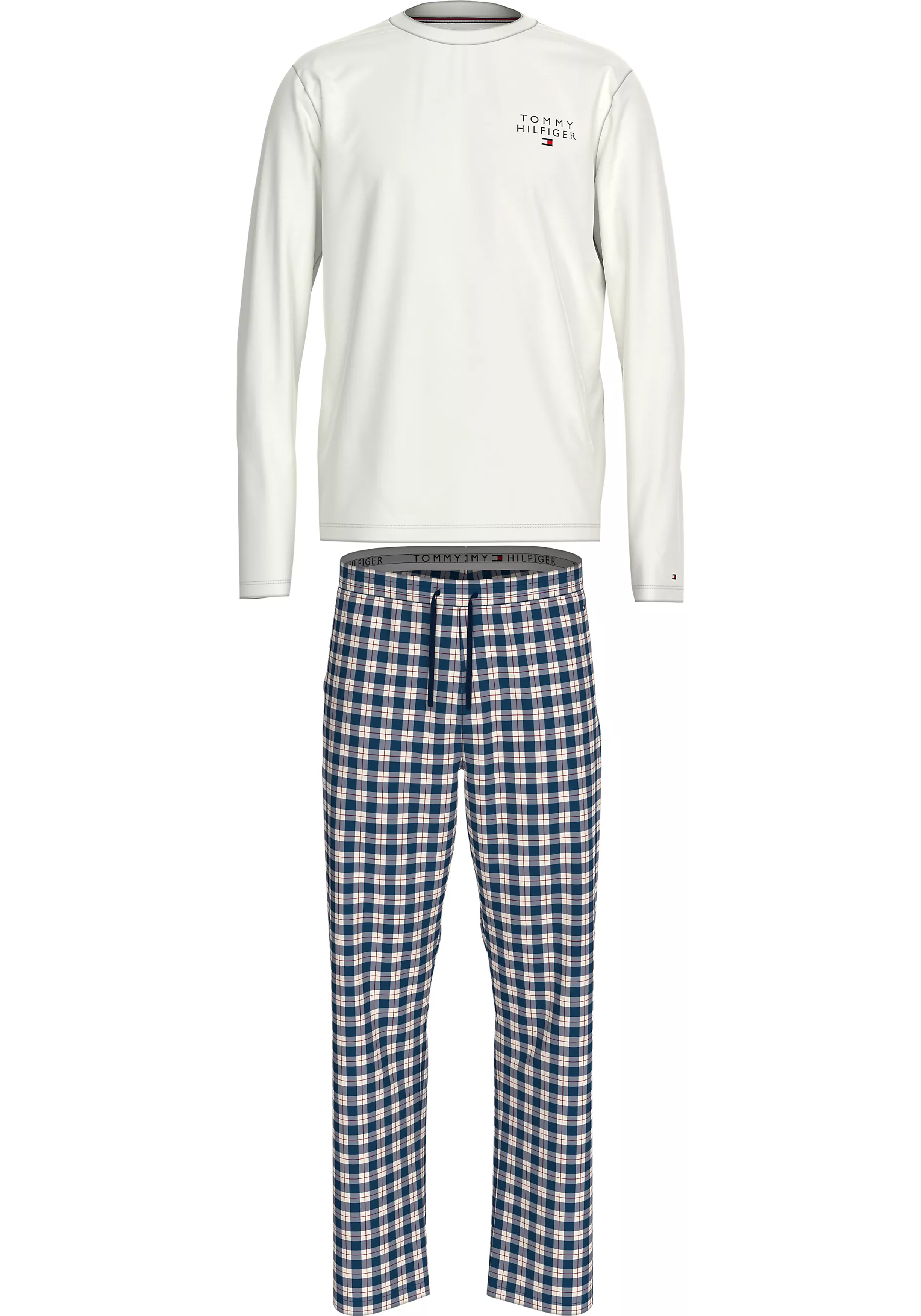Tommy Hilfiger heren pyjama set, wit shirt met blauw met wit geruite broek