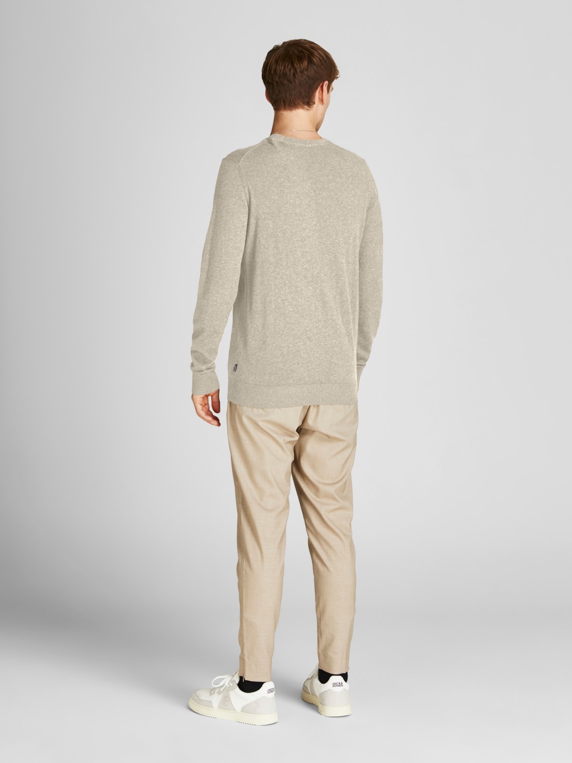 JACK & JONES Emil knit v-neck slim fit, heren pullover viscosemengsel met V-hals, beige melange