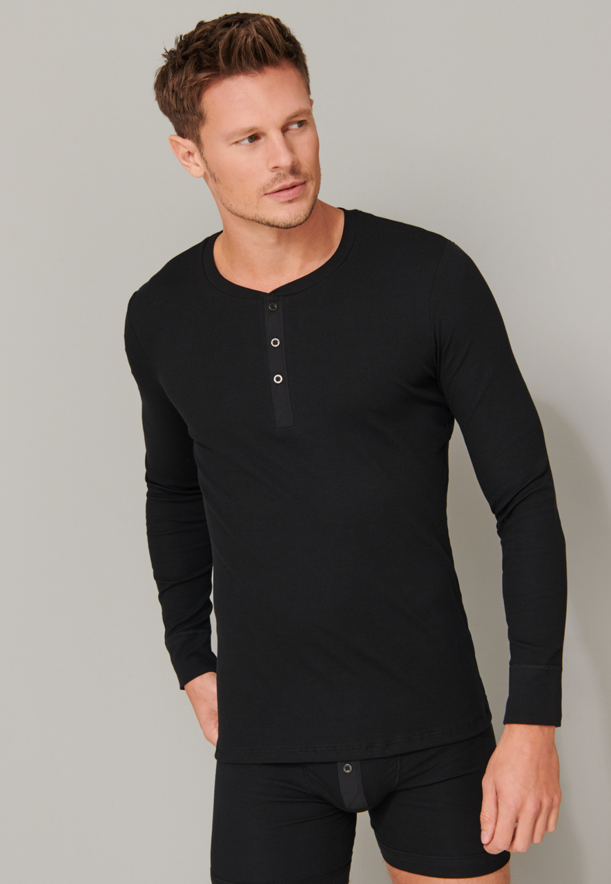 SCHIESSER Retro Rib T-shirt (1-pack), heren shirt lange mouwen dubbelrib biologisch katoen knoopsluiting zwart