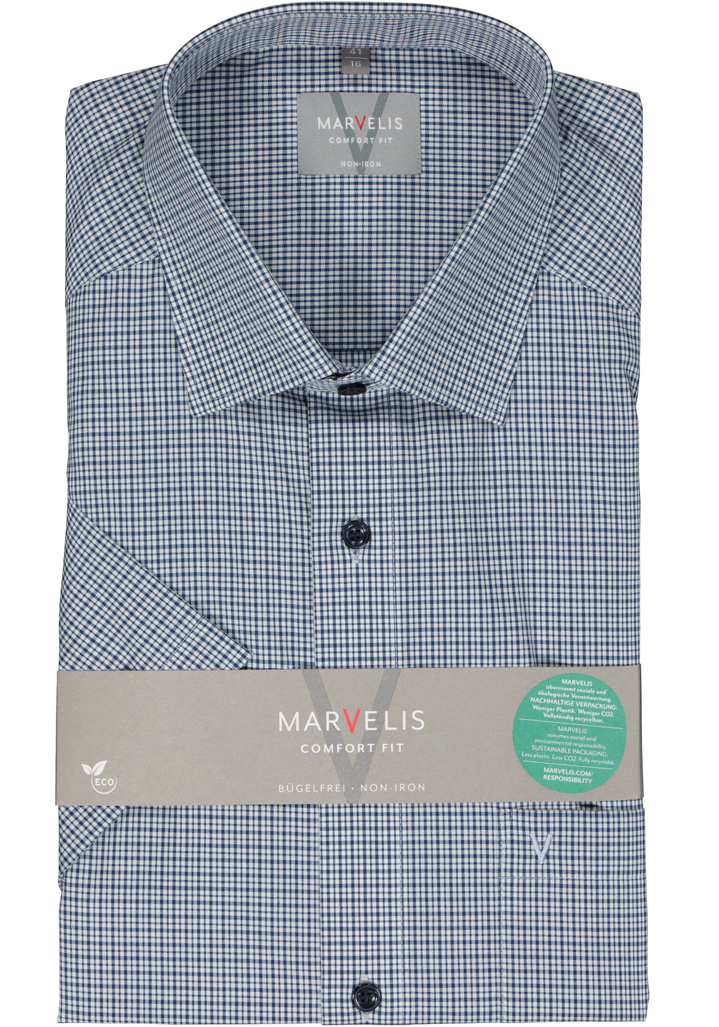 MARVELIS comfort fit overhemd, korte mouw, popeline, donkerblauw met wit geruit