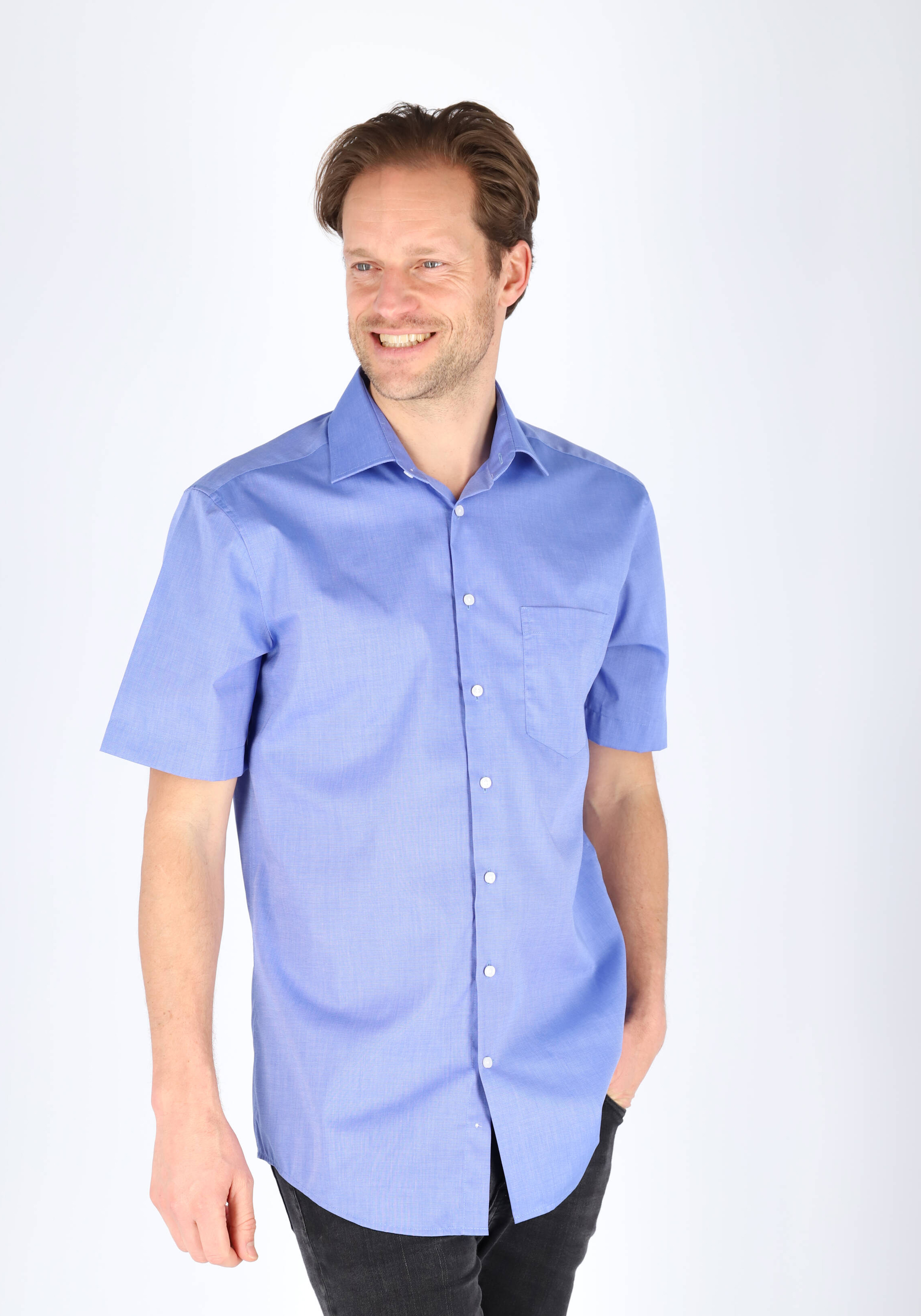 Seidensticker regular fit overhemd, korte mouw, middenblauw fil a fil