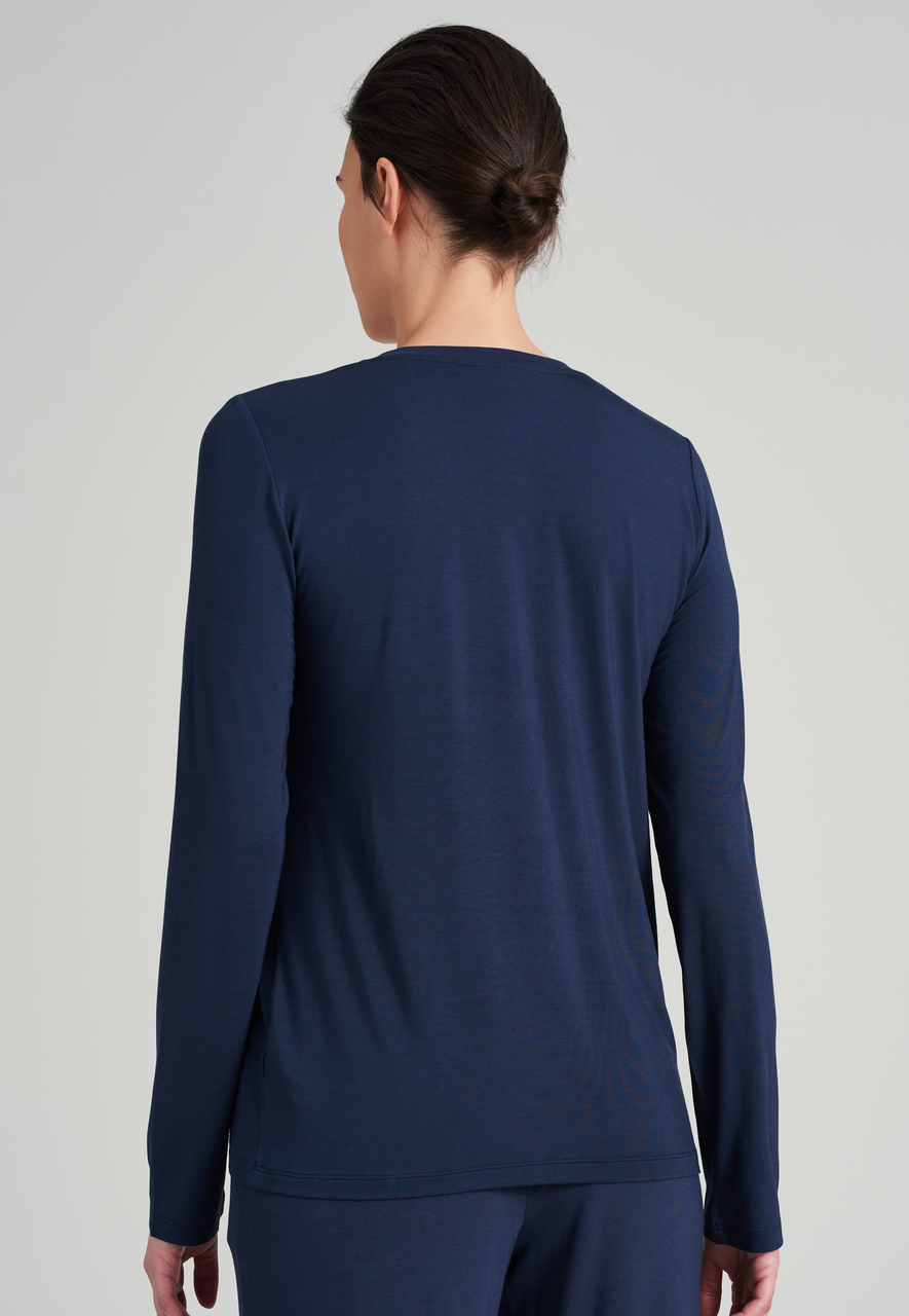 SCHIESSER Mix+Relax T-shirt, dames shirt lange mouwen modal v-hals knoopsluiting blauw