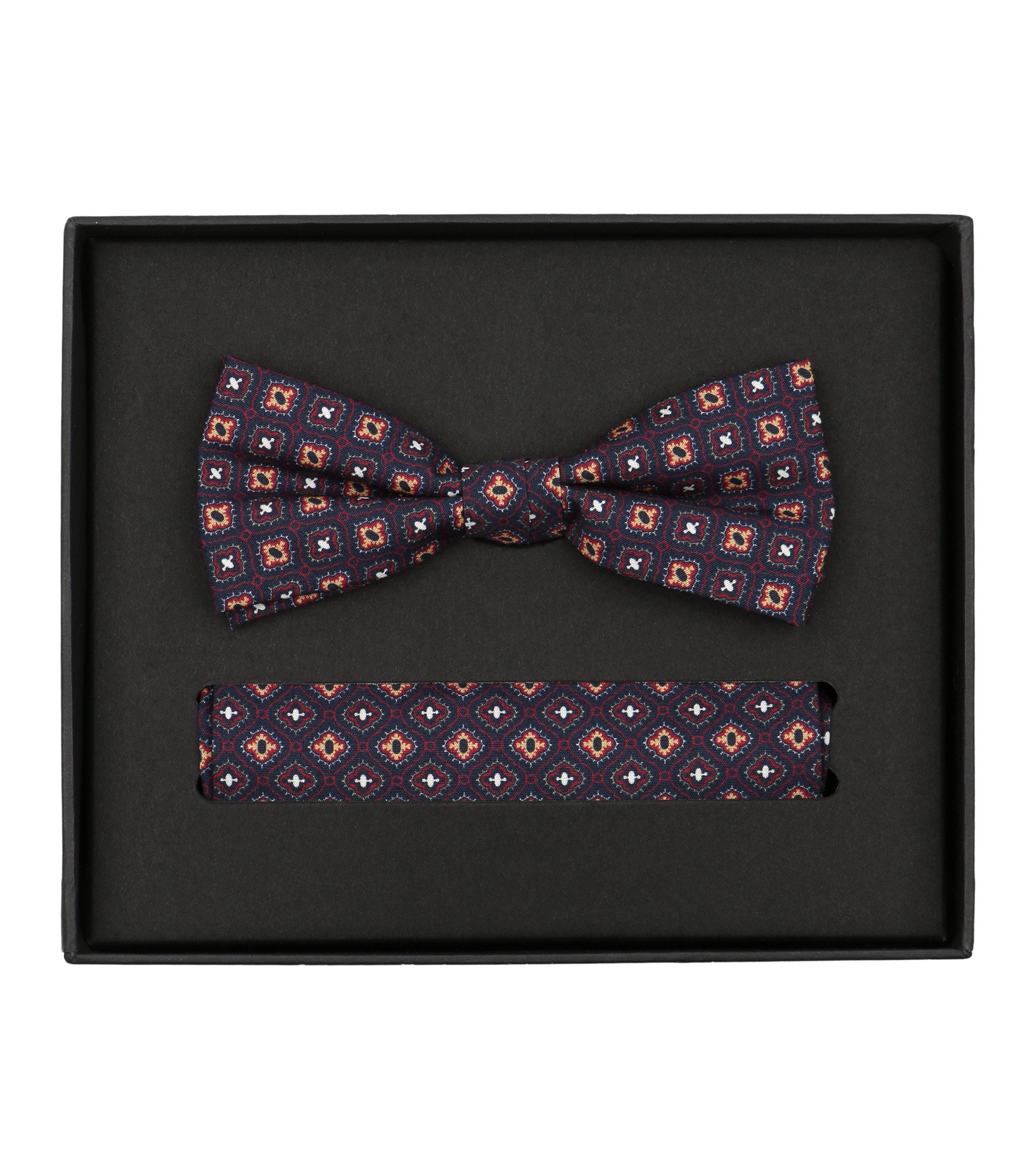 VENTI set met vlinderdas en pochet, donkerblauw, bordeaux, geel, wit dessin