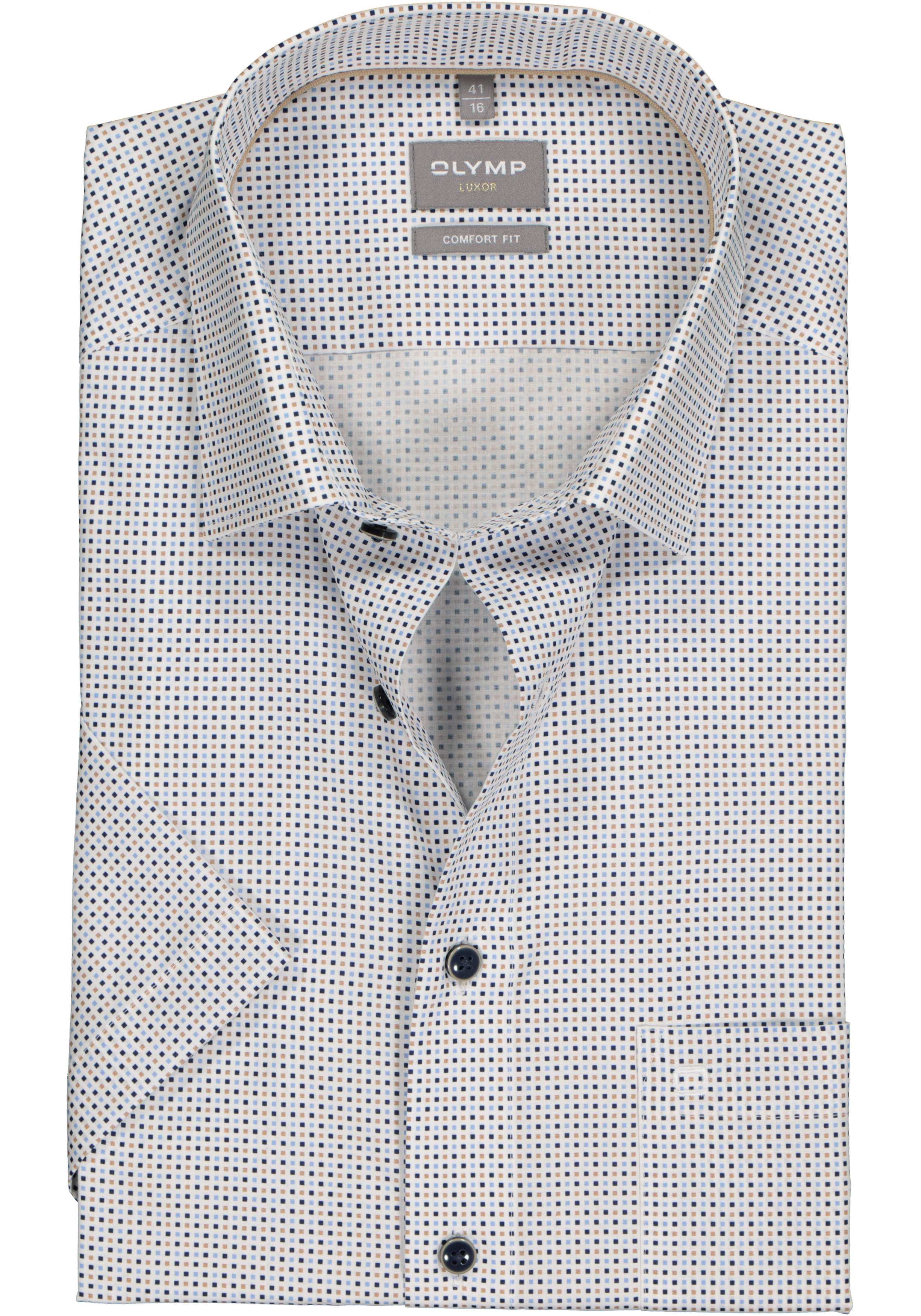 OLYMP comfort fit overhemd, korte mouw, popeline, wit met blauw en beige blokjes dessin