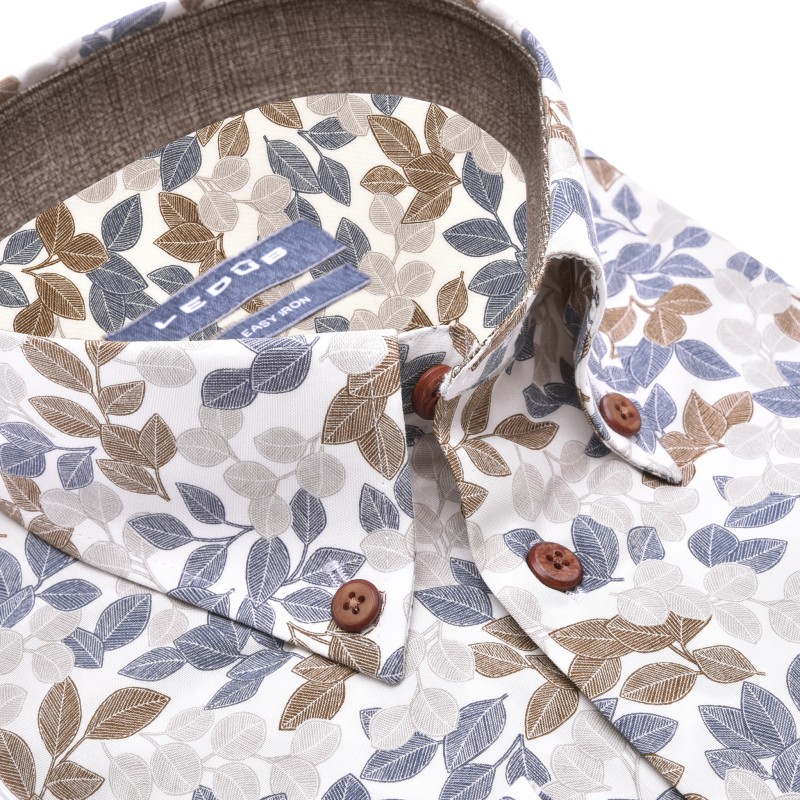 Ledub modern fit overhemd, wit met blauw en bruin dessin