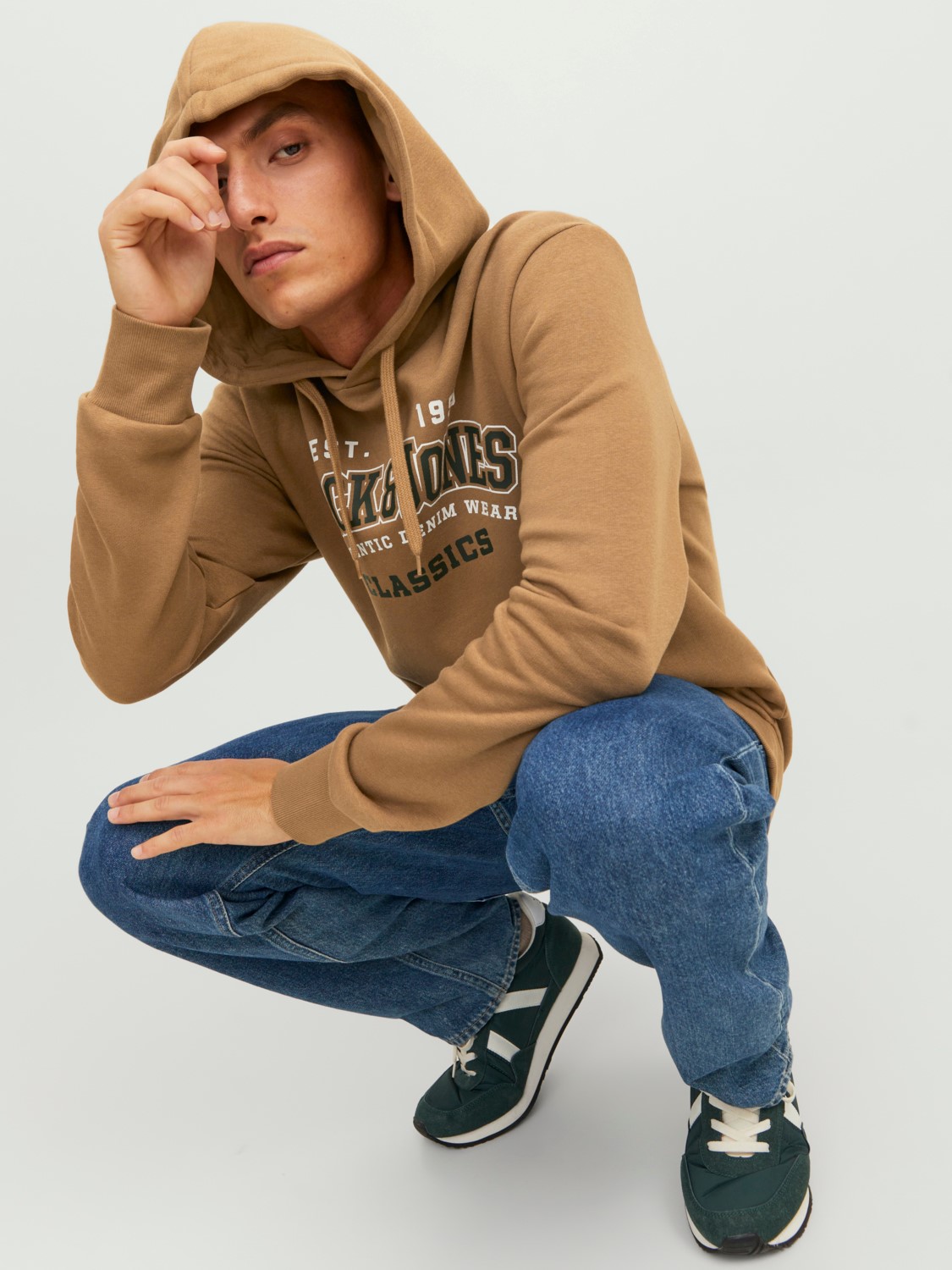 JACK & JONES Logo sweat hood regular fit, heren hoodie katoenmengsel met capuchon, camel bruin