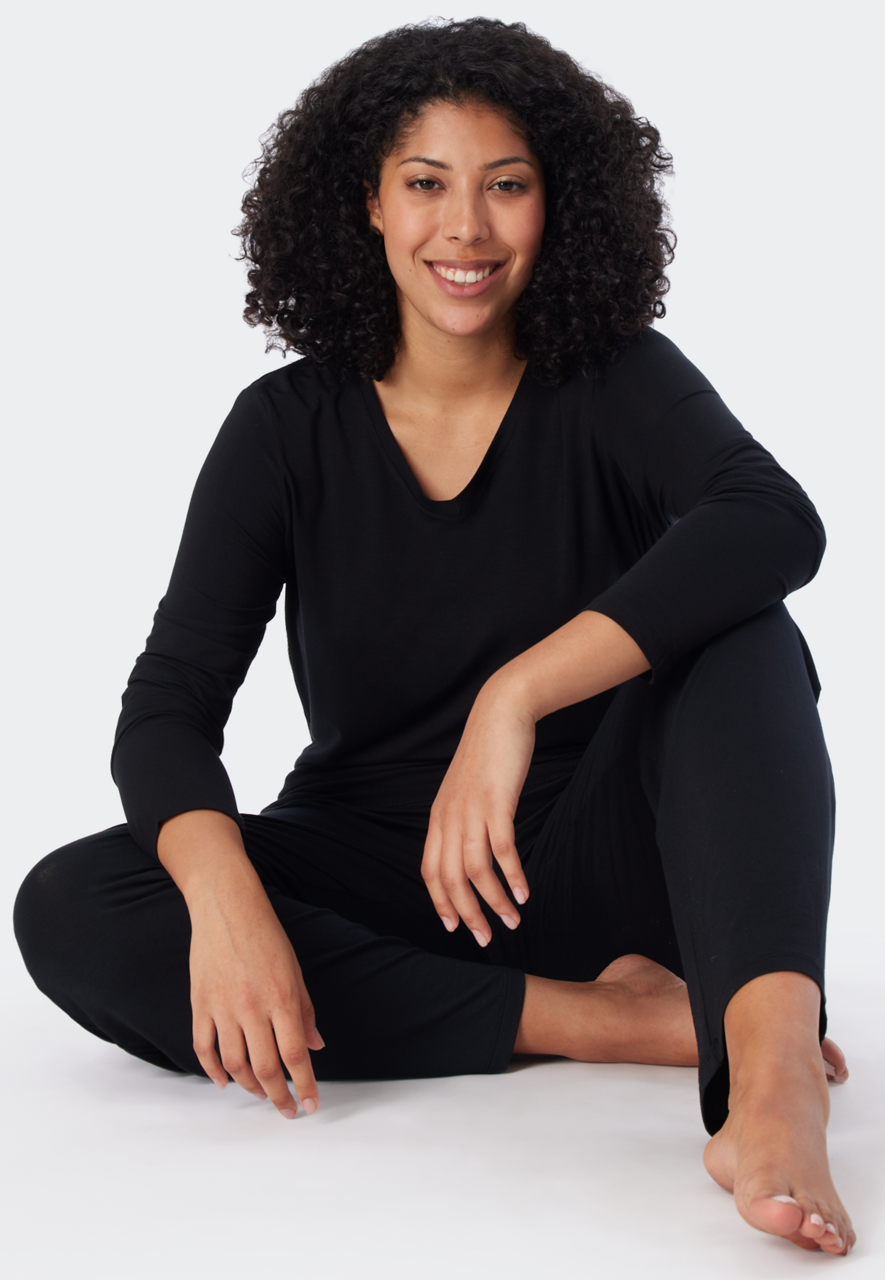 SCHIESSER Mix+Relax T-shirt, dames shirt lange mouwen modal v-hals zwart
