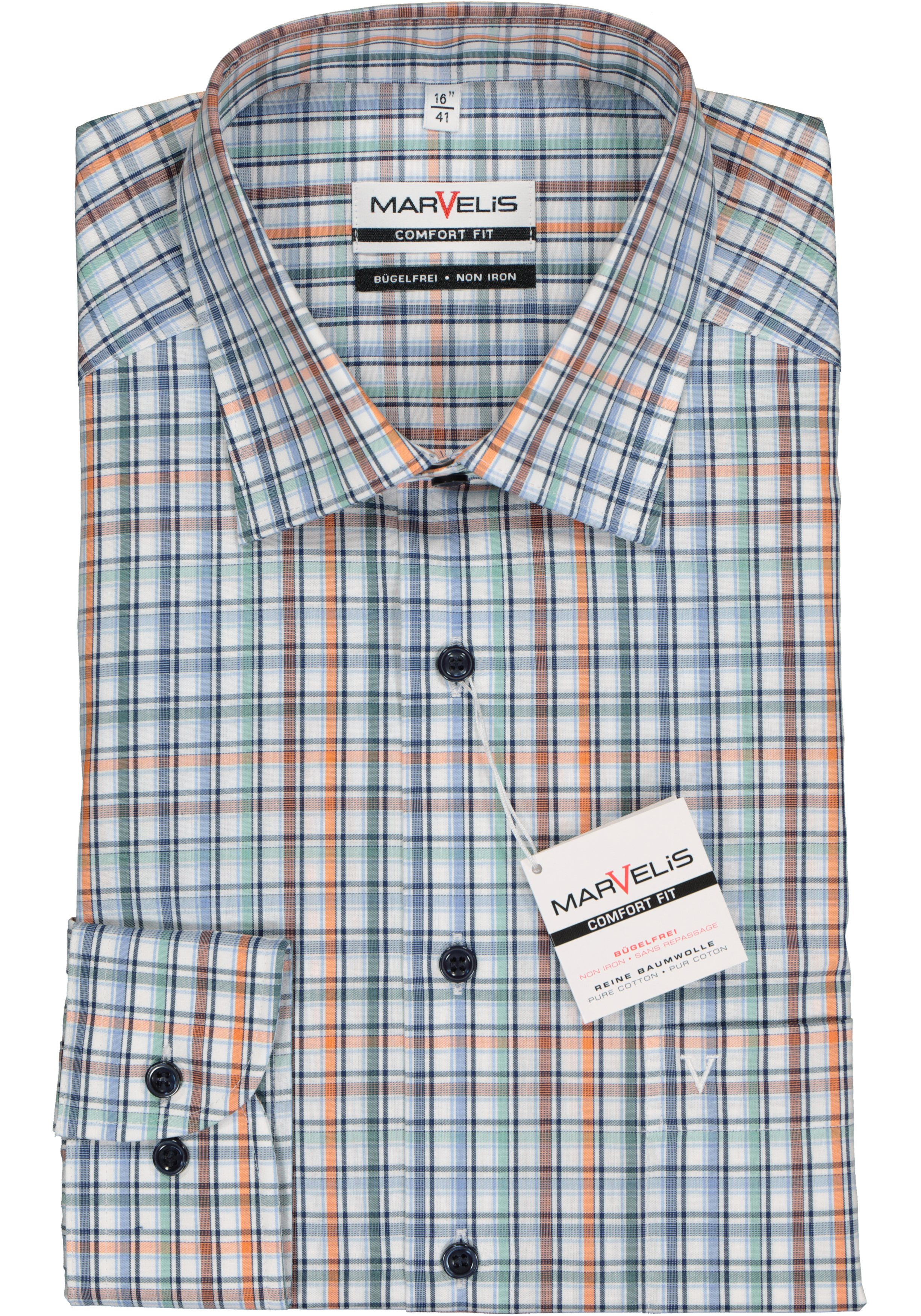 MARVELIS comfort fit overhemd, popeline, wit, blauw, groen, oranje en bruin geruit