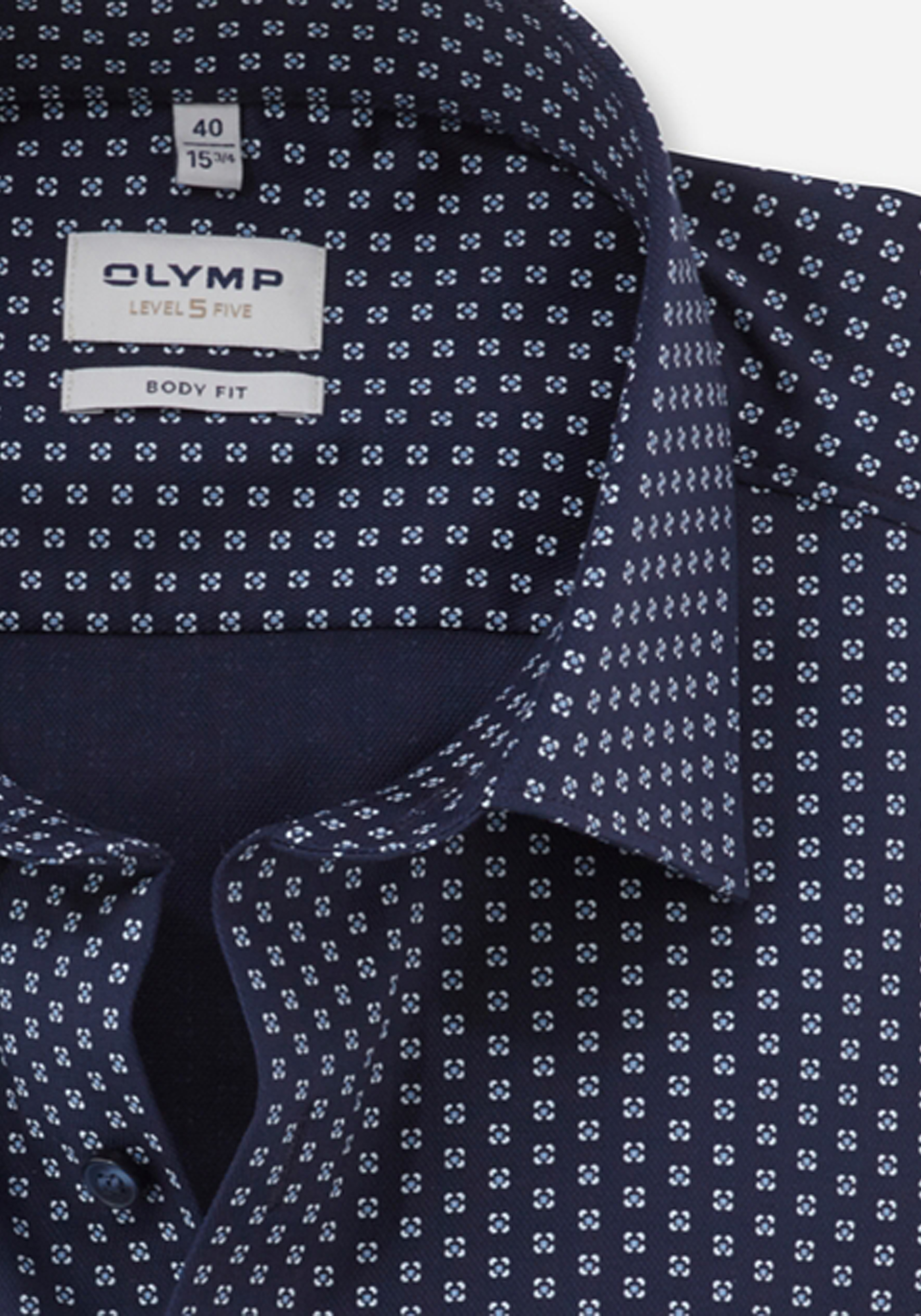 OLYMP Level 5 body fit overhemd, dobby, donkerblauw met wit en lichtblauw dessin