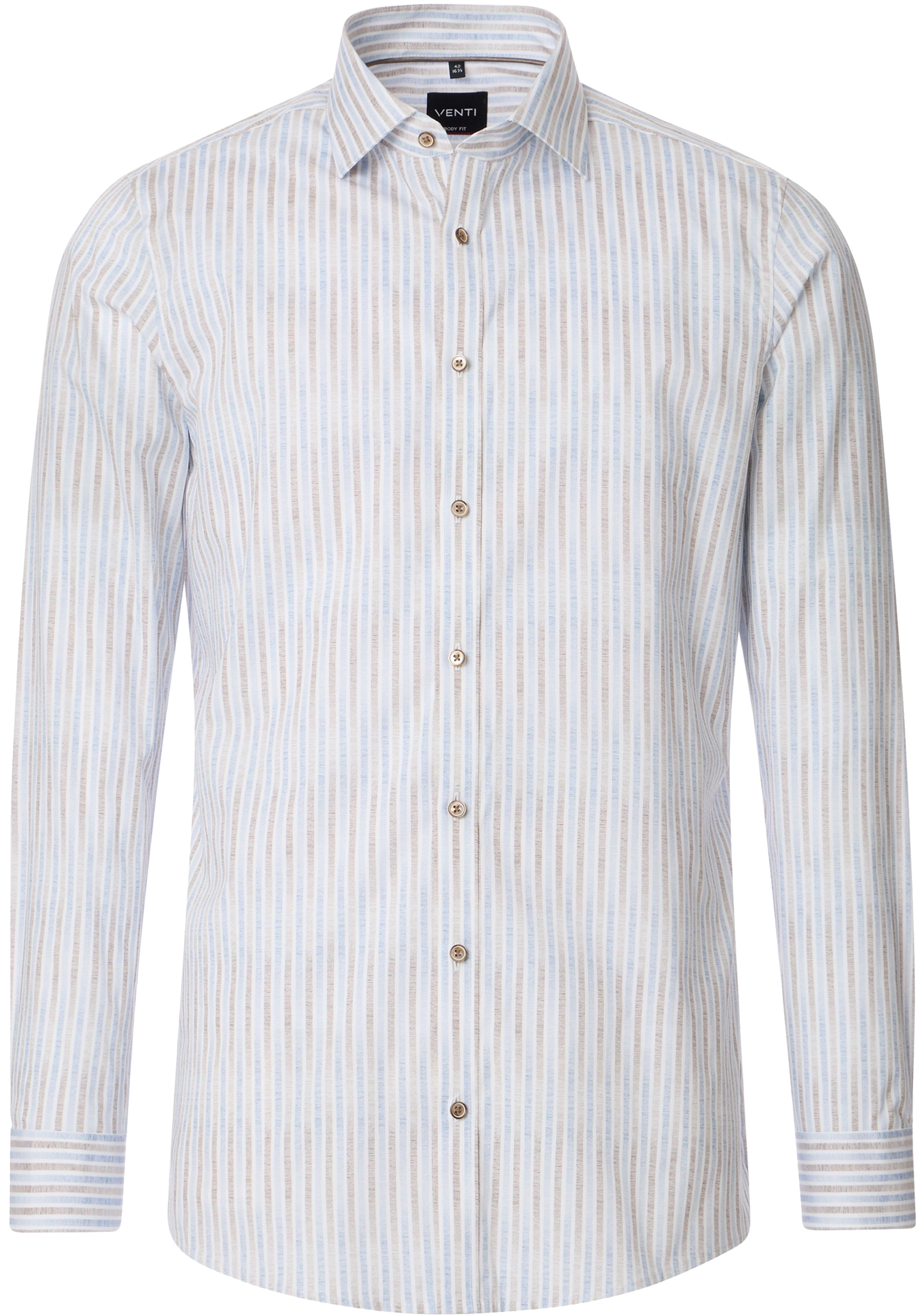 VENTI body fit overhemd, popeline, wit met blauw en beige gestreept
