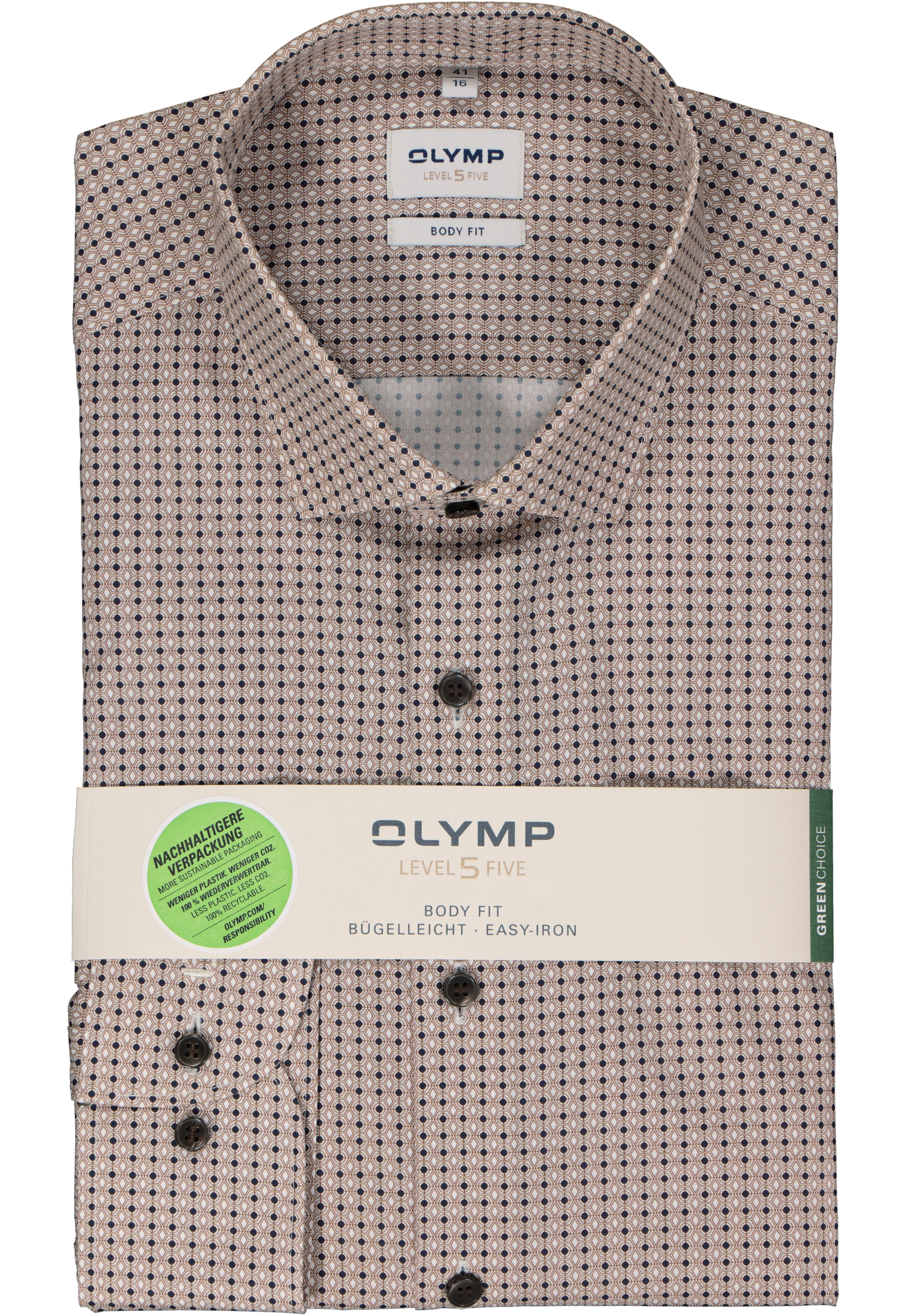 OLYMP Level 5 body fit overhemd, popeline, beige met blauw en wit dessin