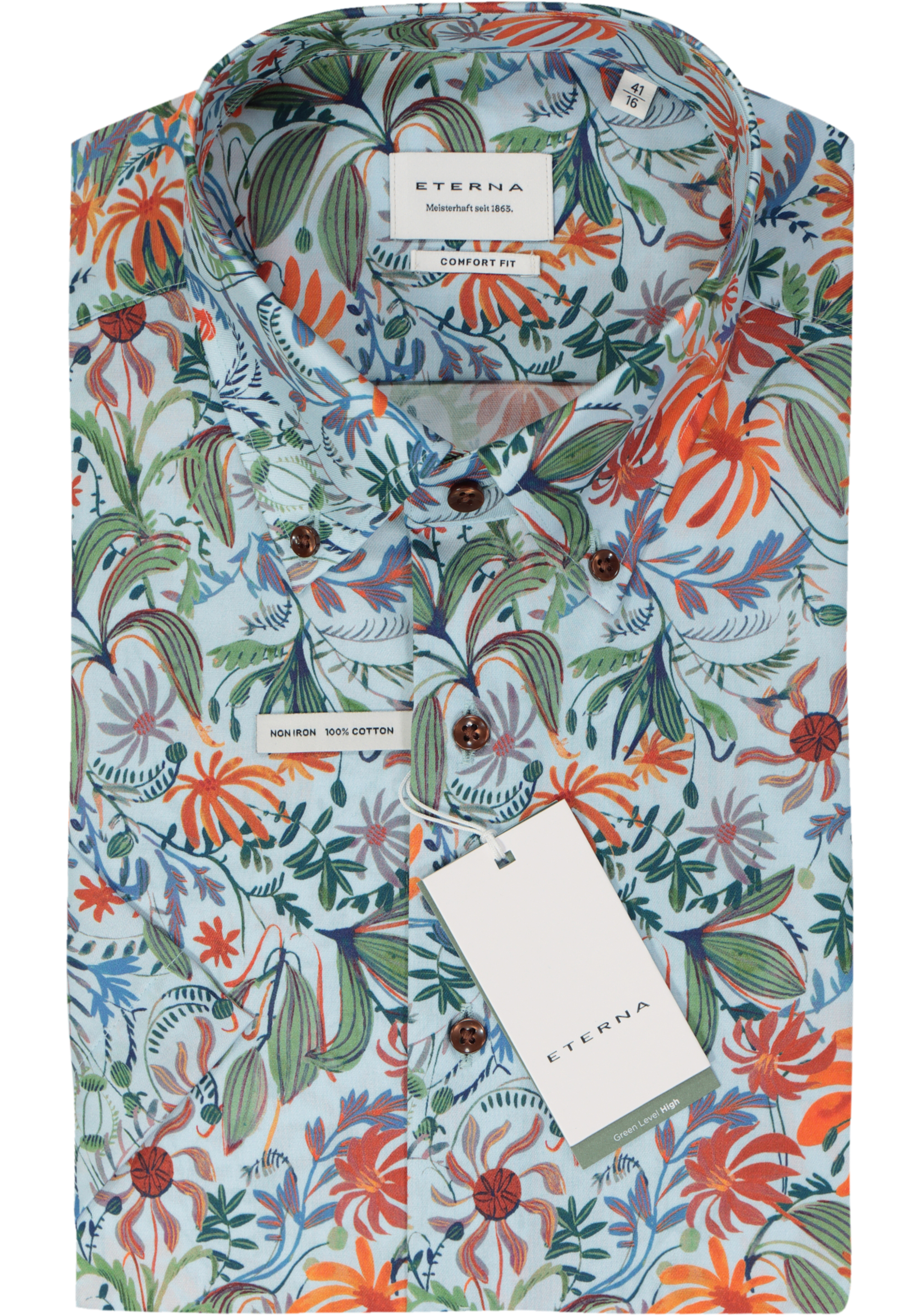 ETERNA comfort fit overhemd korte mouw, popeline, lichtgroen bloemen dessin