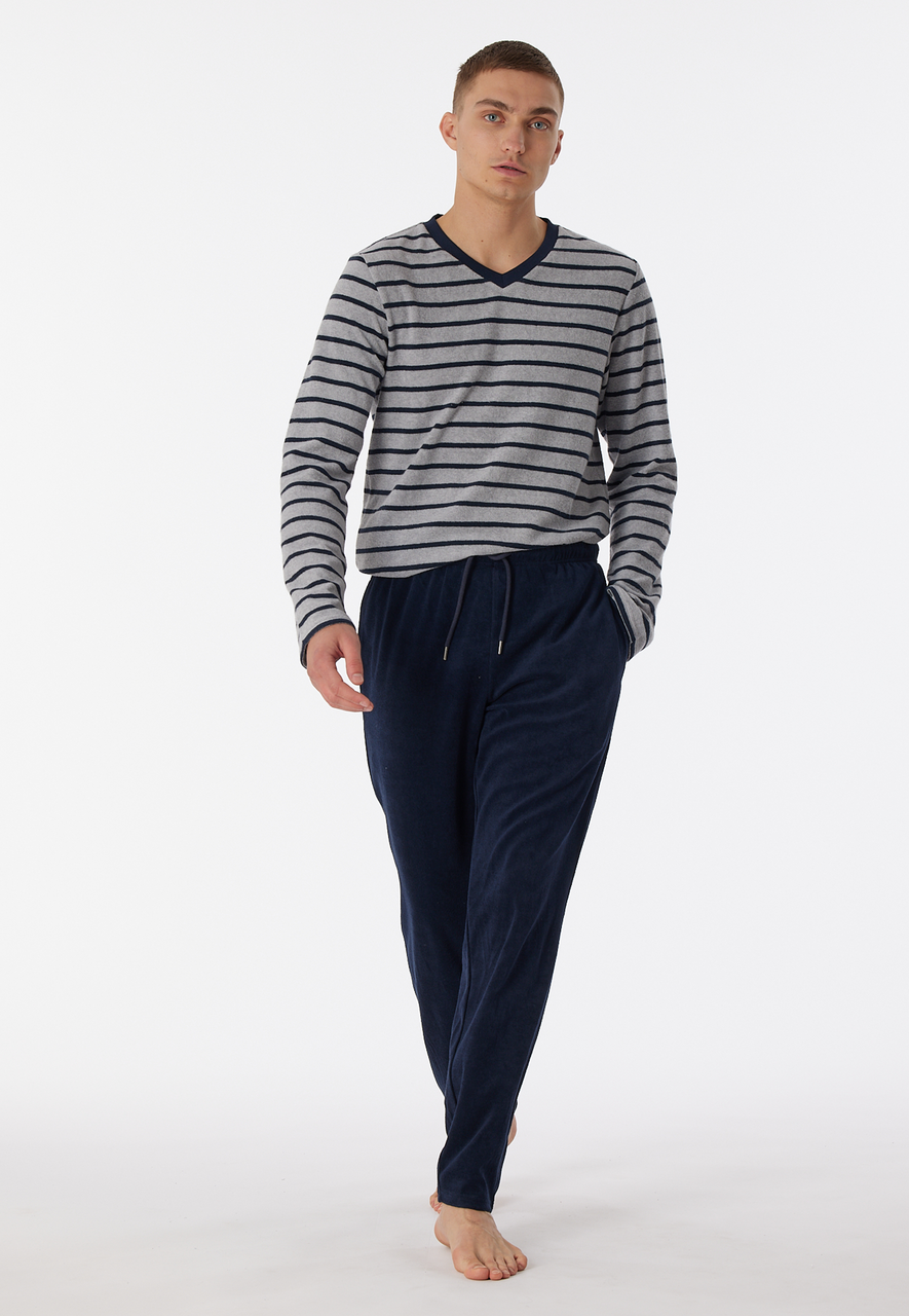 SCHIESSER Warming Nightwear pyjamaset, heren pyjama lang badstof V-hals gestreept grijs-melange