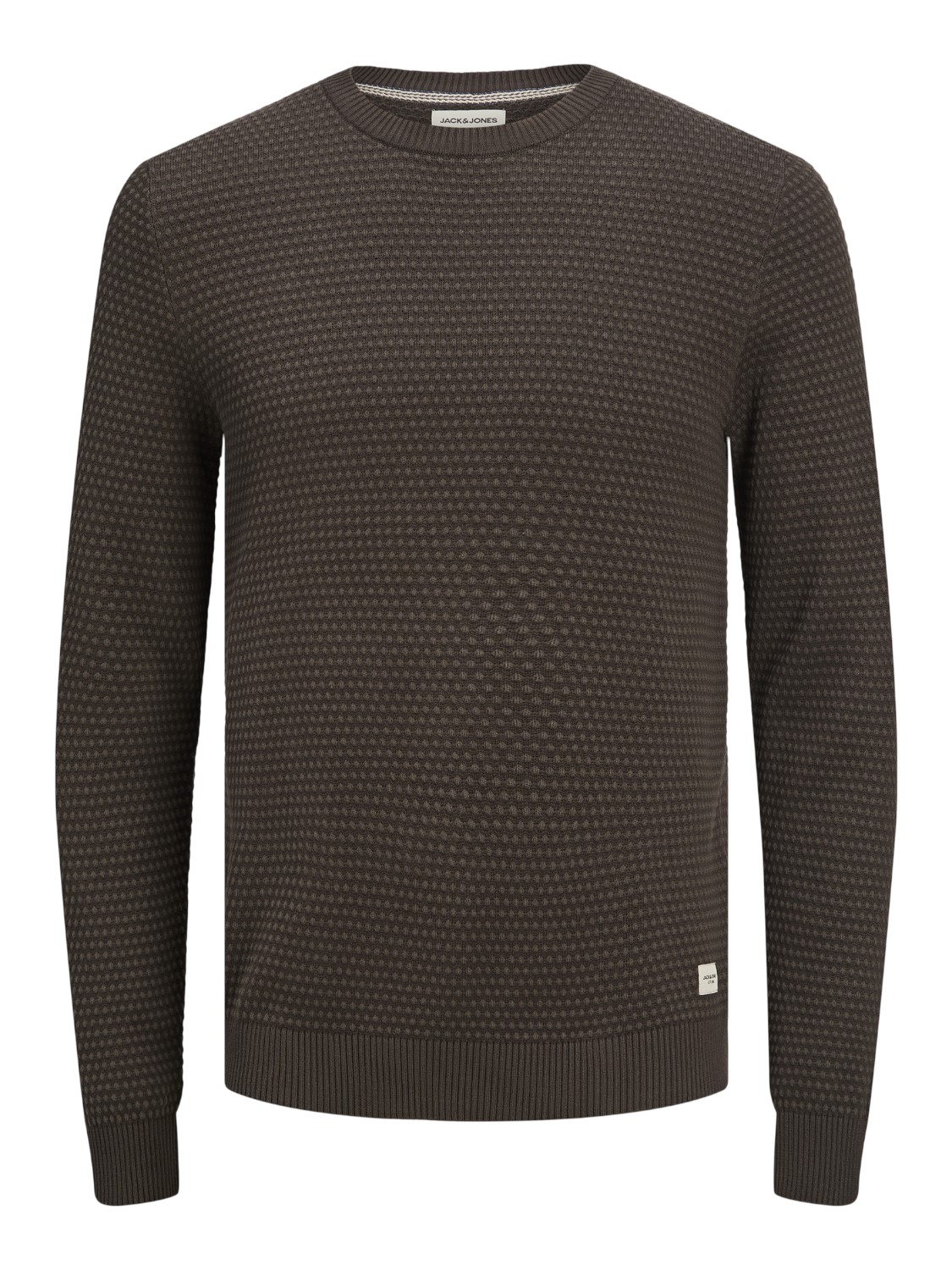 JACK & JONES Atlas knit crew neck slim fit, heren pullover katoen met O-hals, donkerbruin