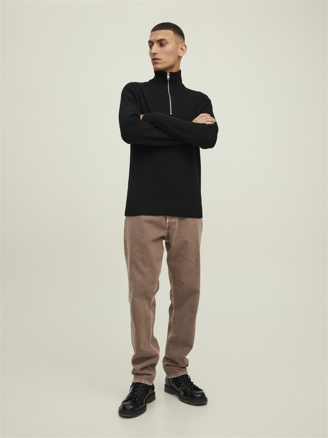 JACK & JONES Perfect knit half zip slim fit, heren schipperstrui katoenmengsel met opstaande boord, zwart