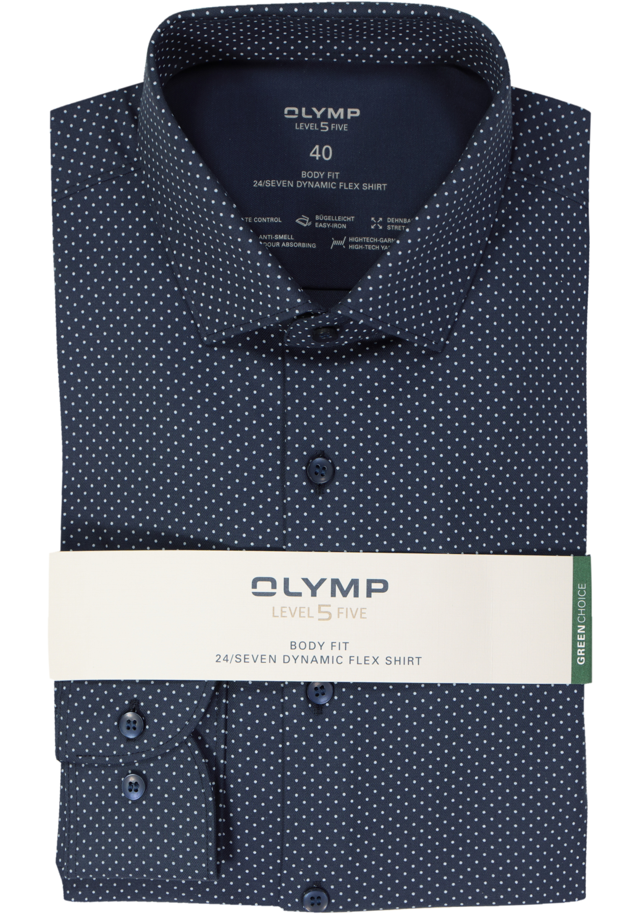 OLYMP Level 5 body fit overhemd 24/7, marine blauw met wit gestipt tricot