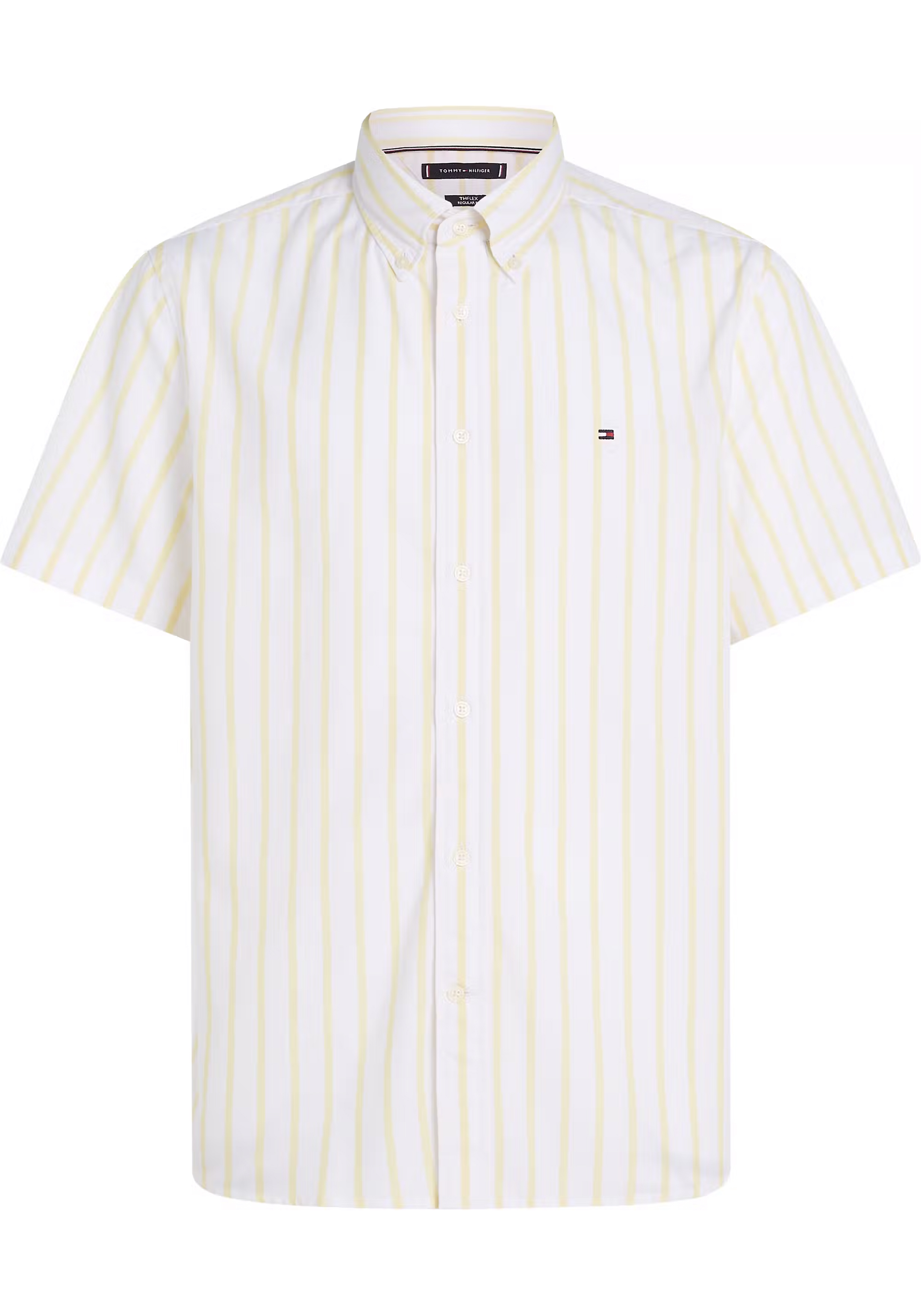 Tommy Hilfiger Flex Poplin Regular Fit Shirt, korte mouw, popeline, wit met geel gestreept