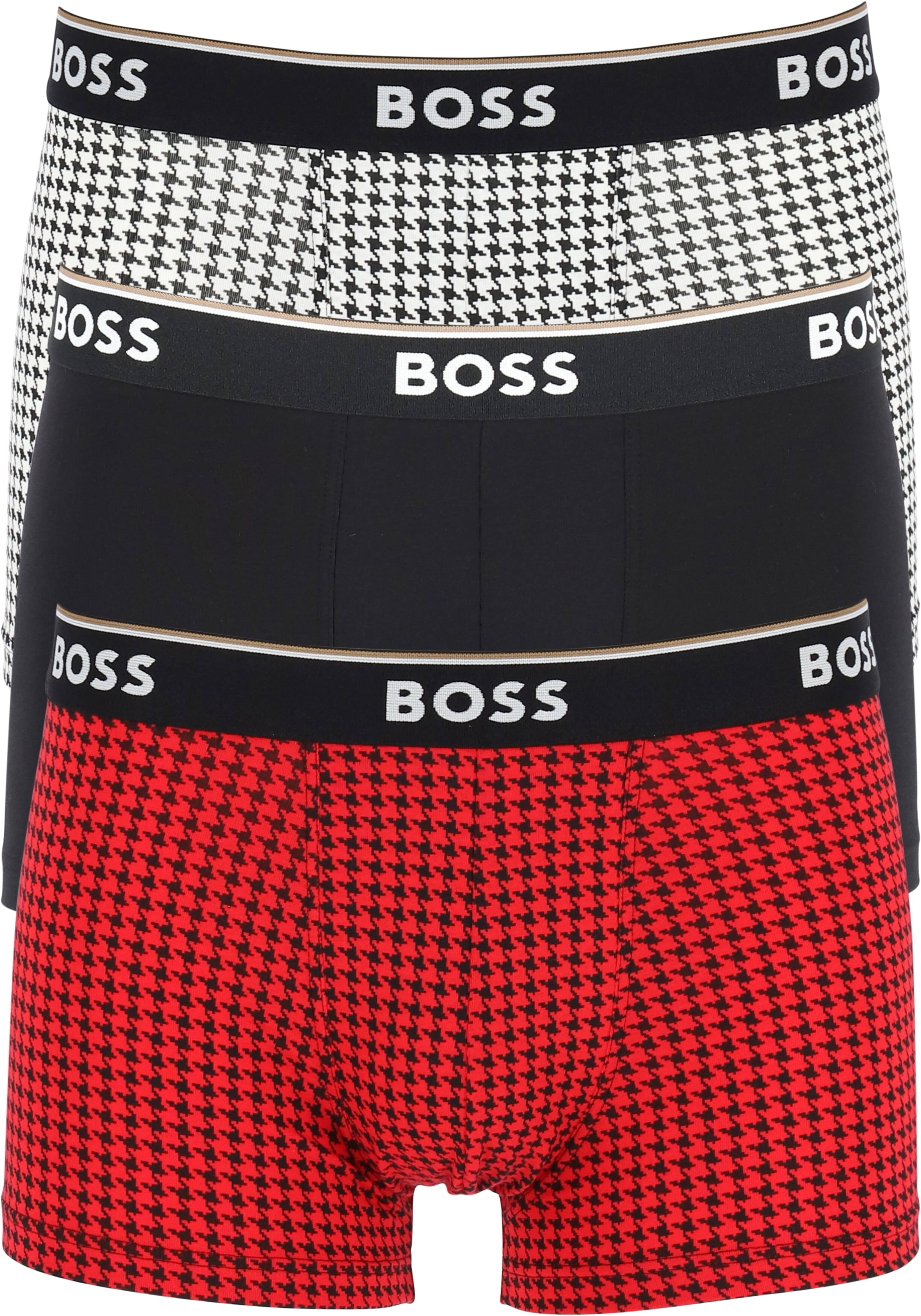 HUGO BOSS Power trunks (3-pack), heren boxers kort, rood-zwart geruit, zwart en zwart-wit geruit