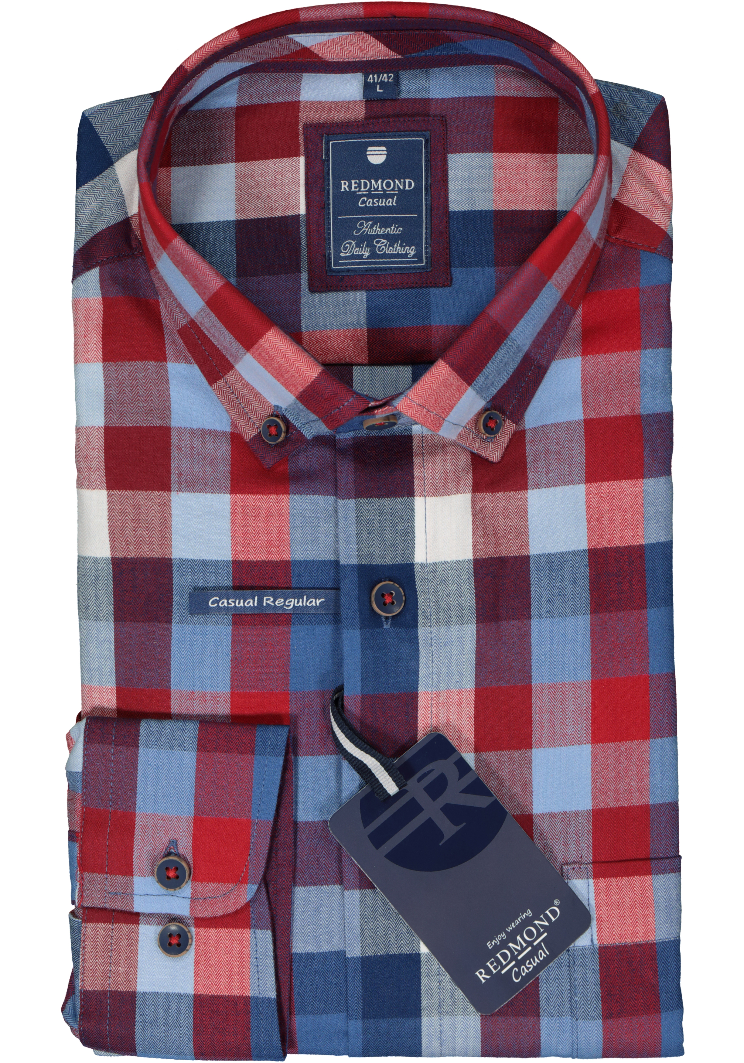 Redmond regular fit overhemd, herringbone, blauw met rood en wit geruit