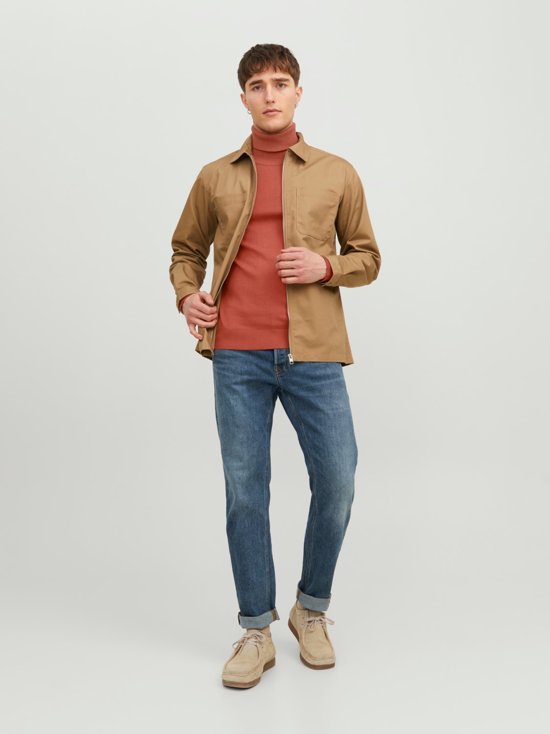 JACK & JONES Emil knit roll neck slim fit, heren pullover viscosemengsel met col, warm oranje