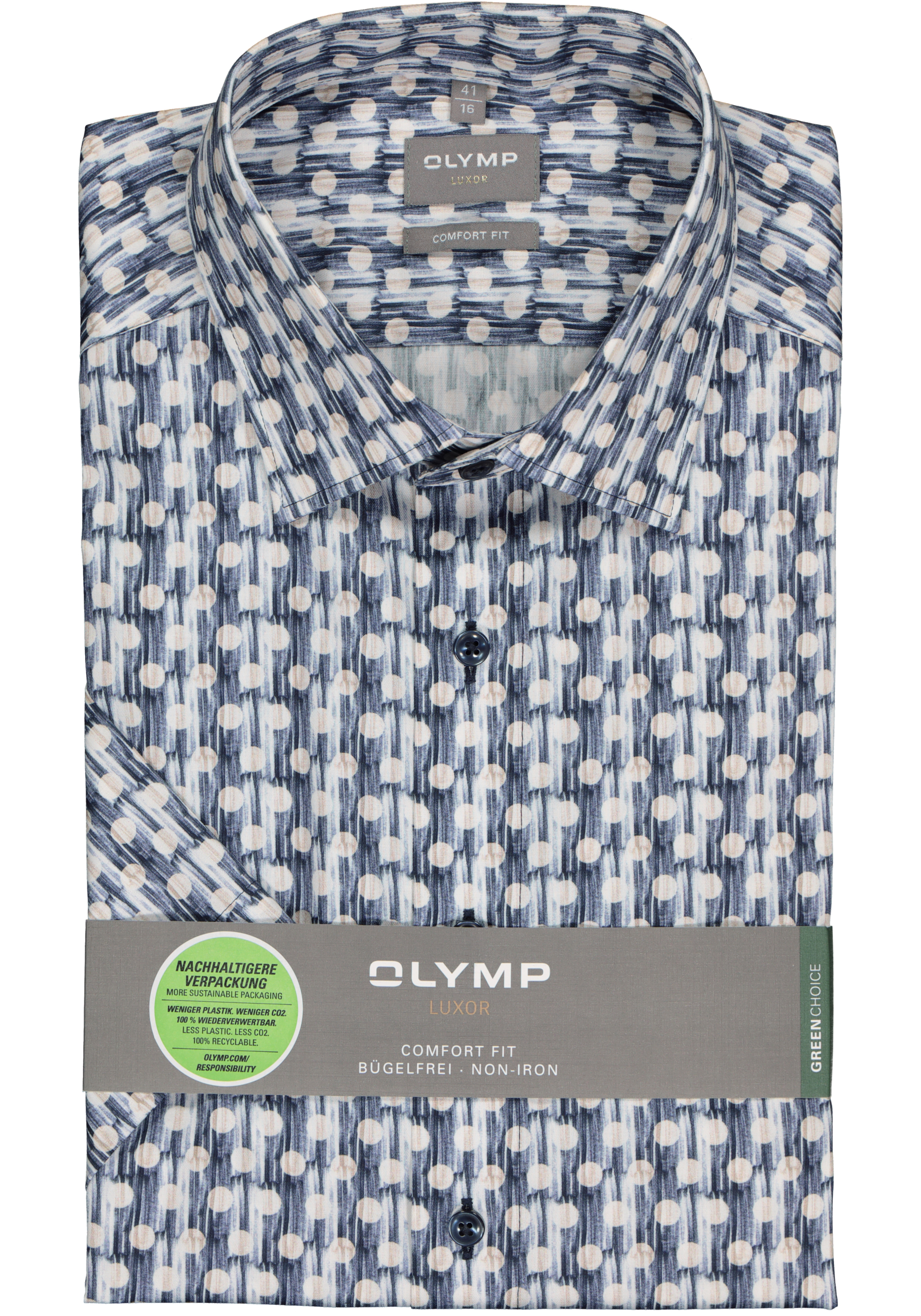 OLYMP comfort fit overhemd, korte mouw, popeline, donkerblauw met beige en wit gestipt