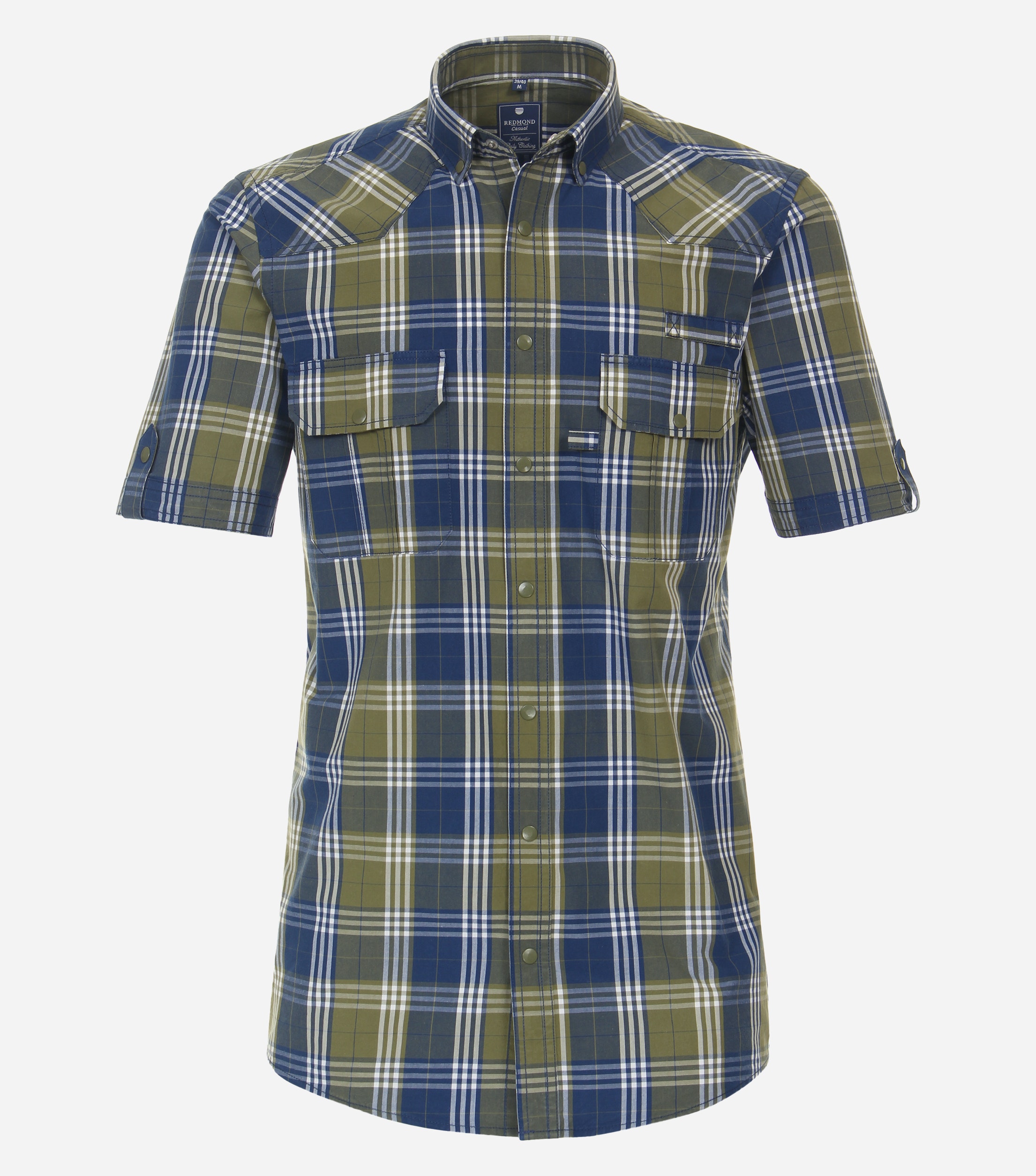 Redmond comfort fit overhemd, korte mouw, popeline, groen geruit