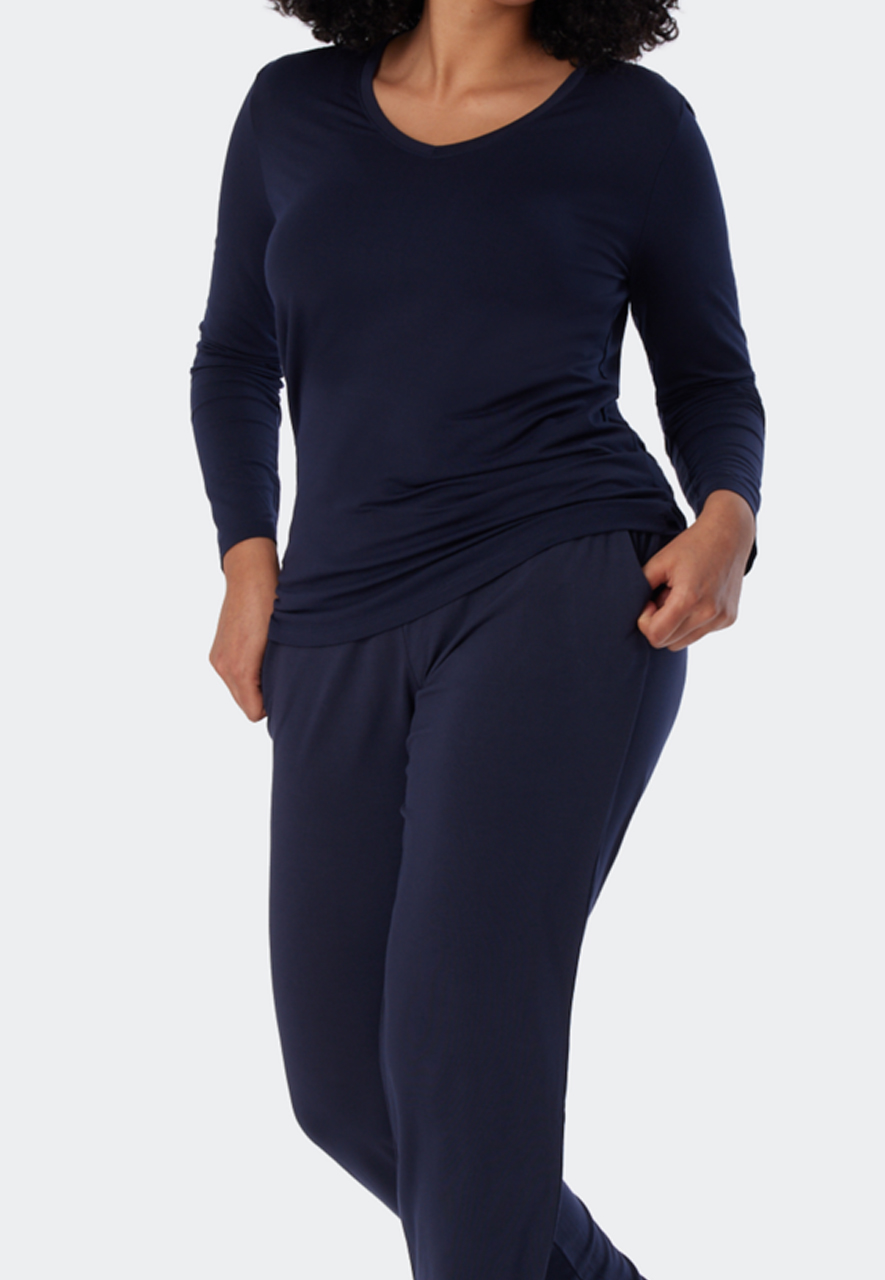 SCHIESSER Mix+Relax T-shirt, dames shirt lange mouwen modal v-hals blauw