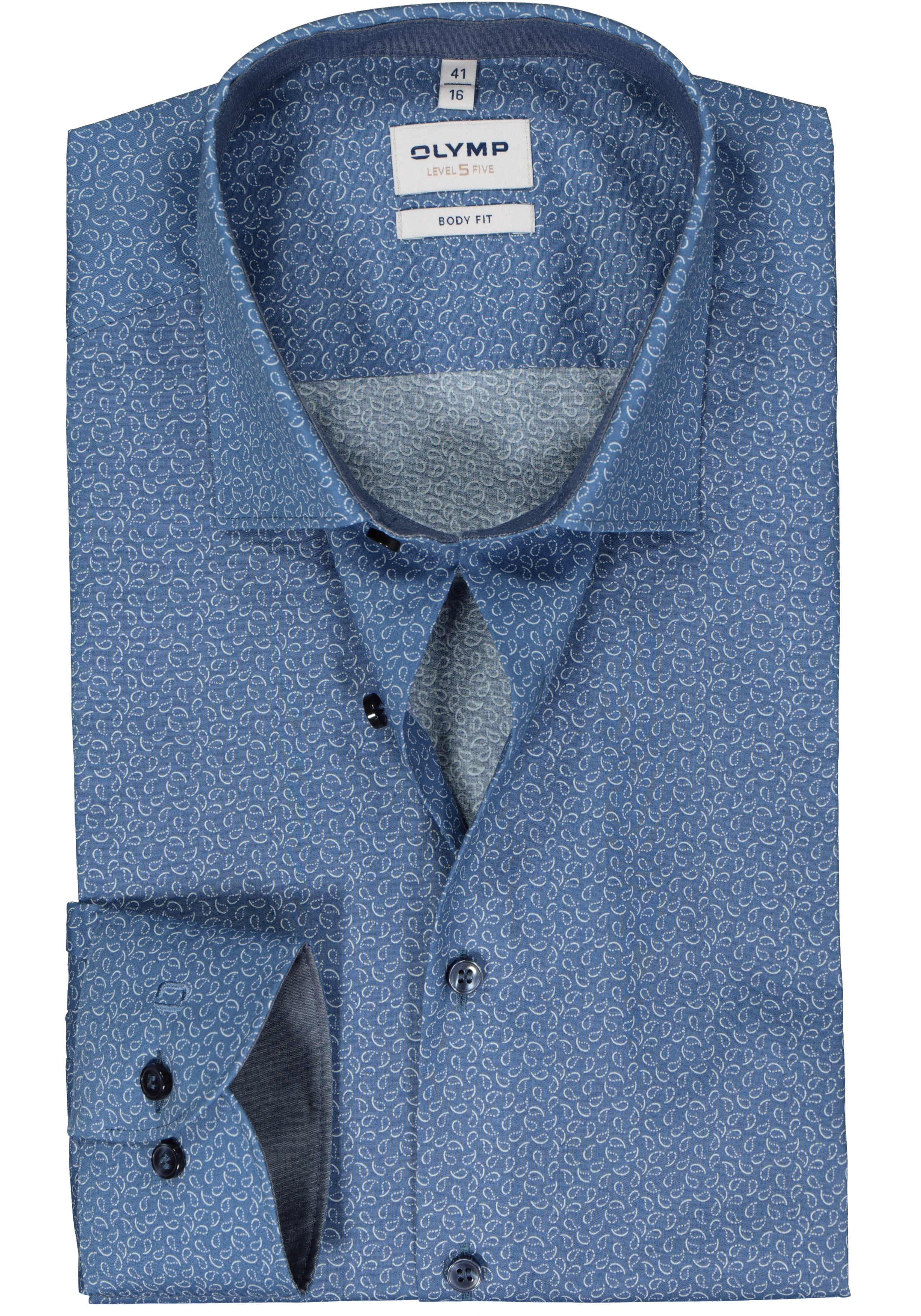 OLYMP Level 5 body fit overhemd, mouwlengte 7, popeline, blauw met wit paisley dessin