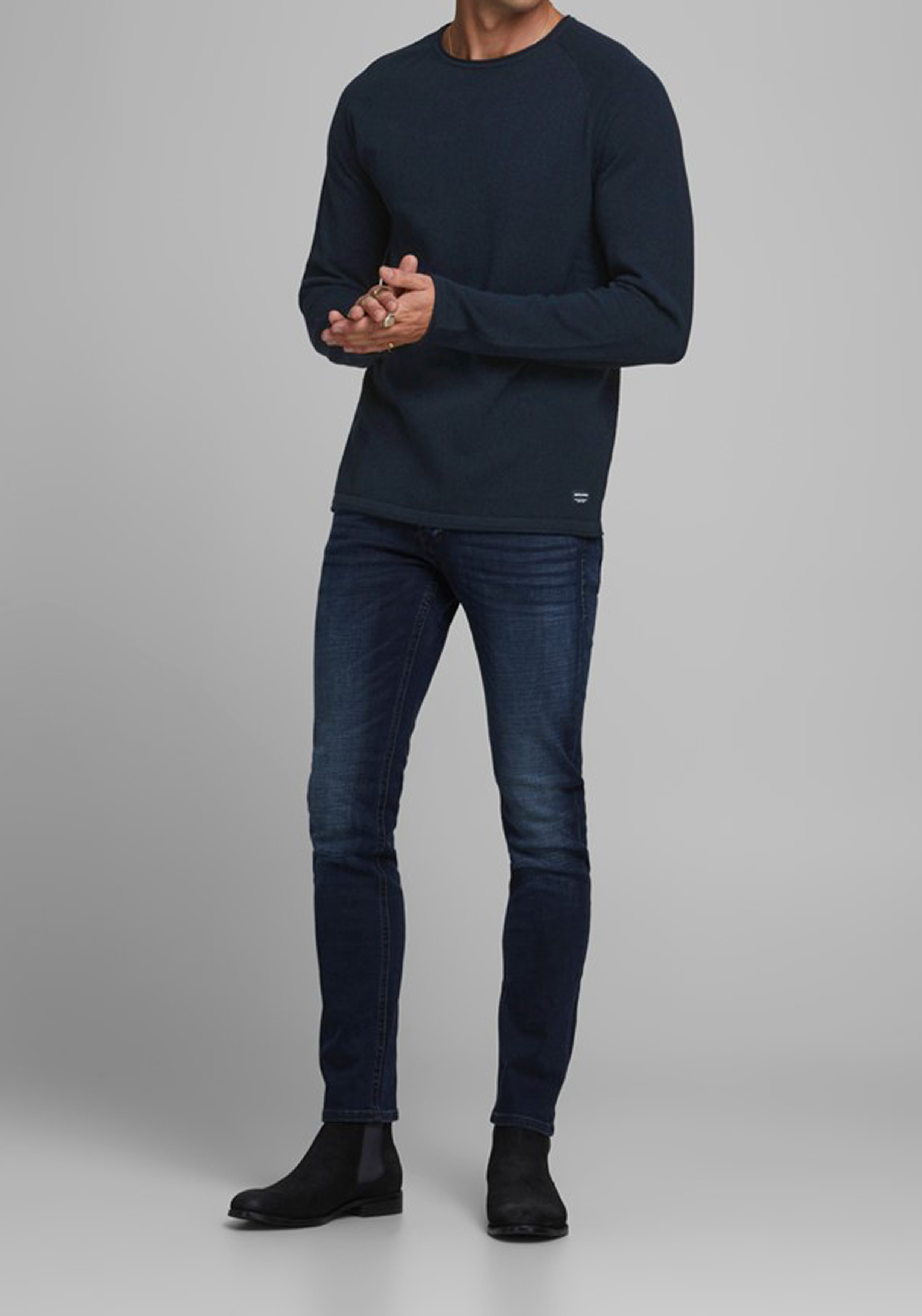 JACK & JONES slim fit trui katoen, O-hals, donkerblauw