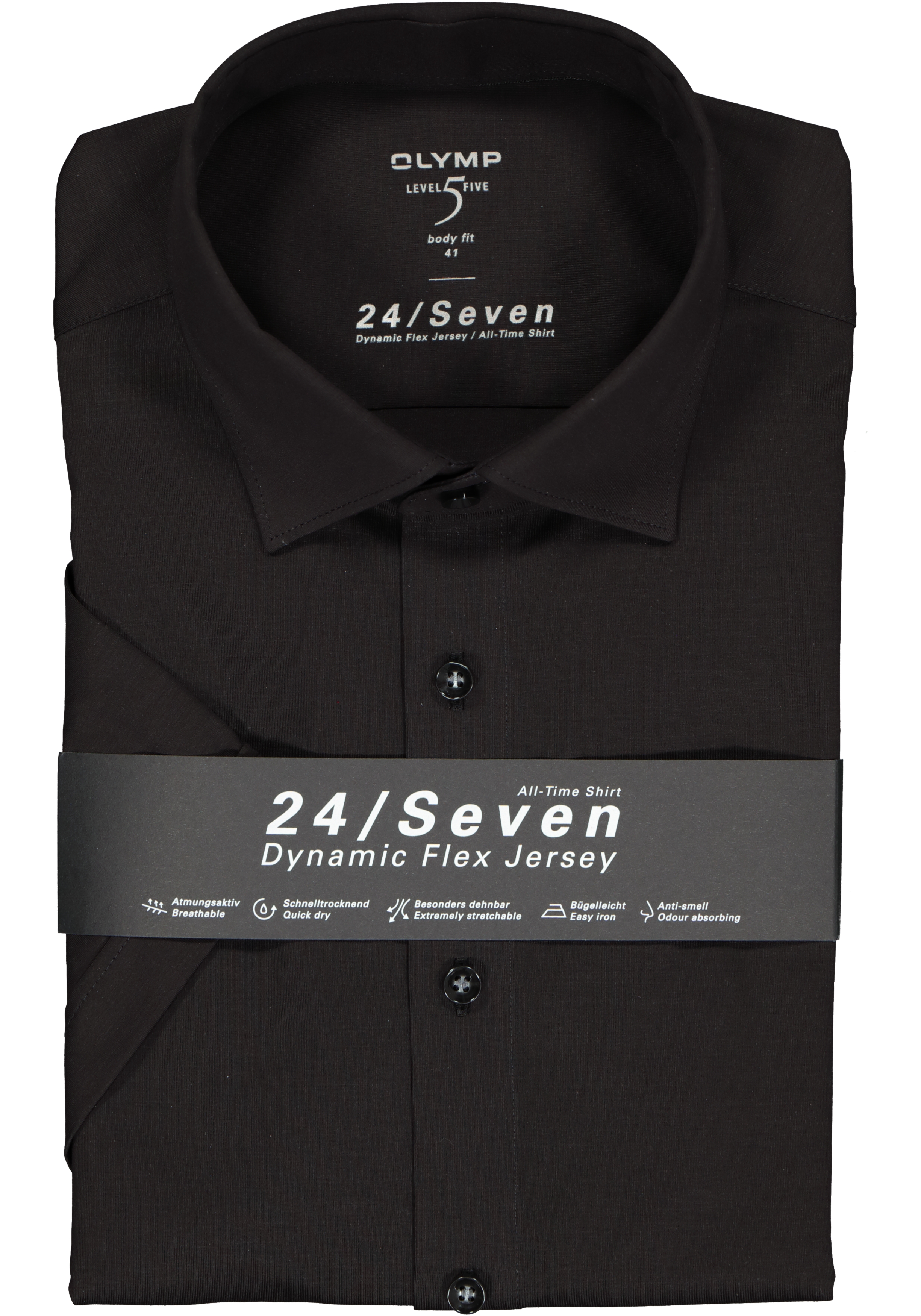 OLYMP Level 5 24/Seven body fit overhemd, korte mouw, zwart tricot