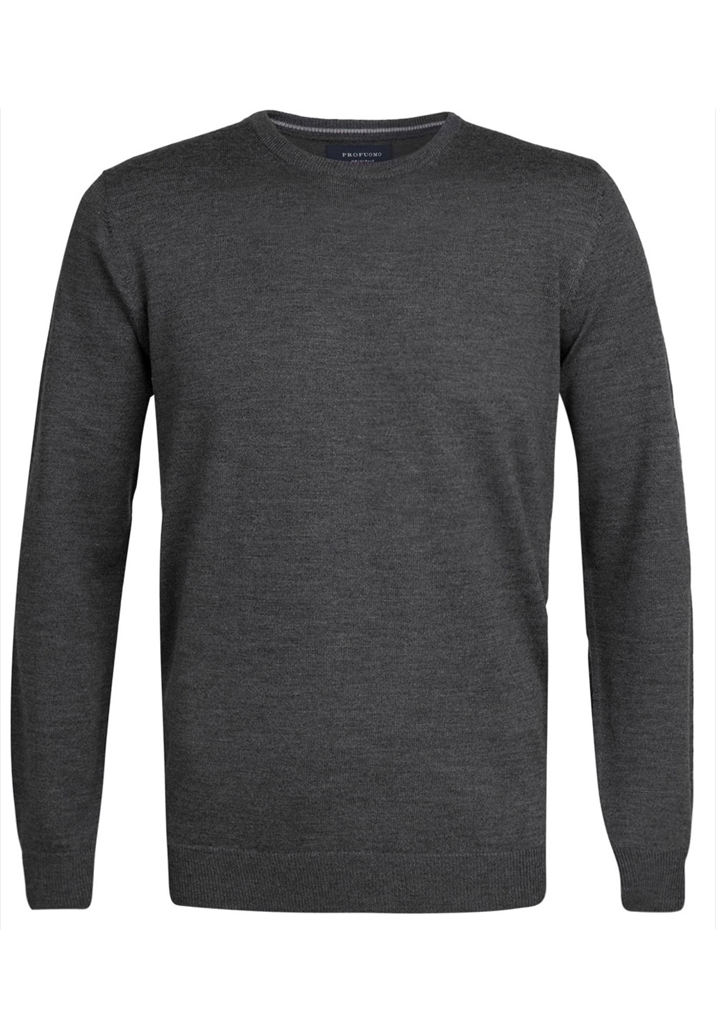 Profuomo slim fit trui wol, heren pullover O-hals, antraciet grijs